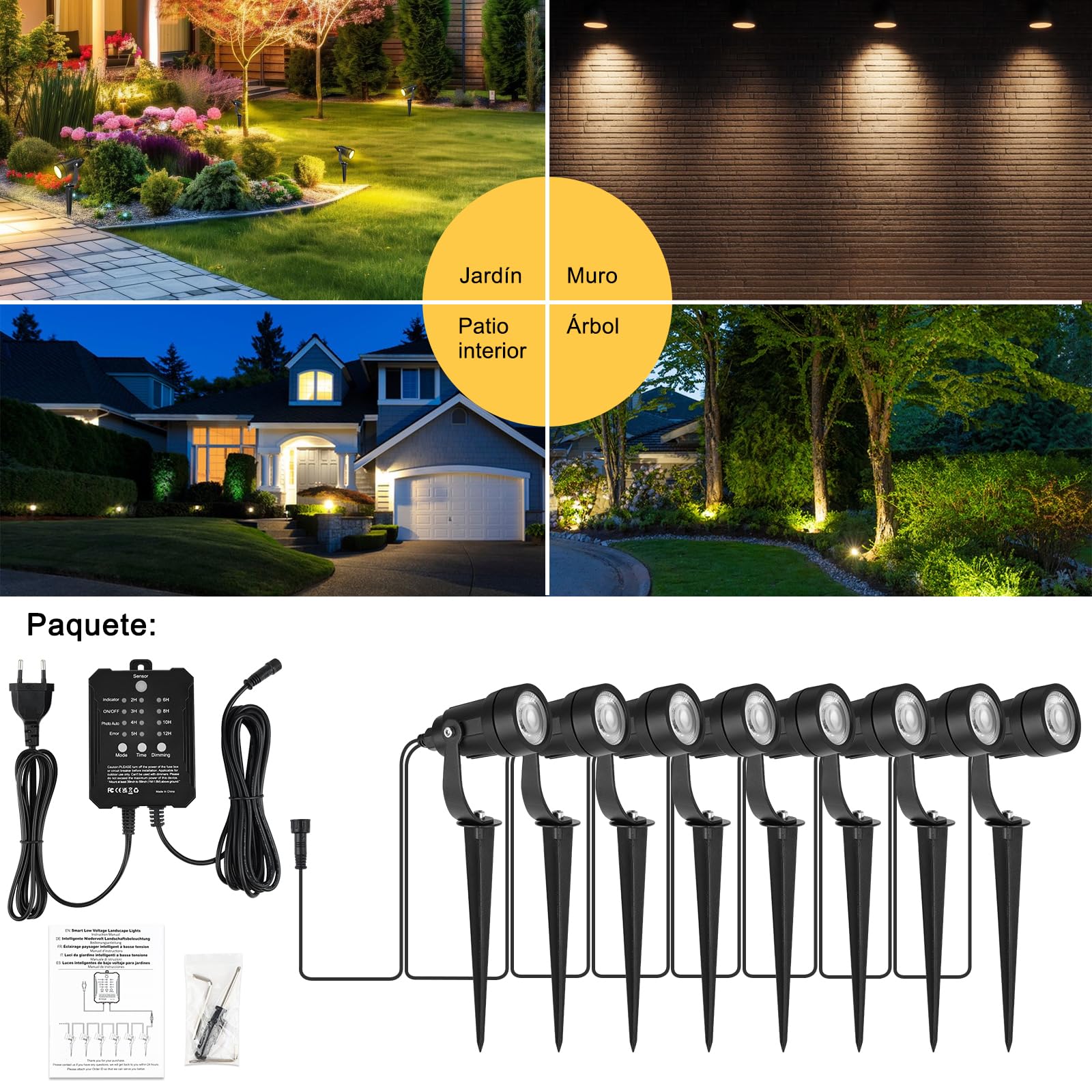 COOLWEST Luces LED Exterior Jardin con Sensor de Luz, 20M 8x5W Focos LED Exterior Blanco Cálido 3000K Impermeable IP65, 36V Lámpara de Jardín con Temporizador para Patios, Entrada de Vehículos