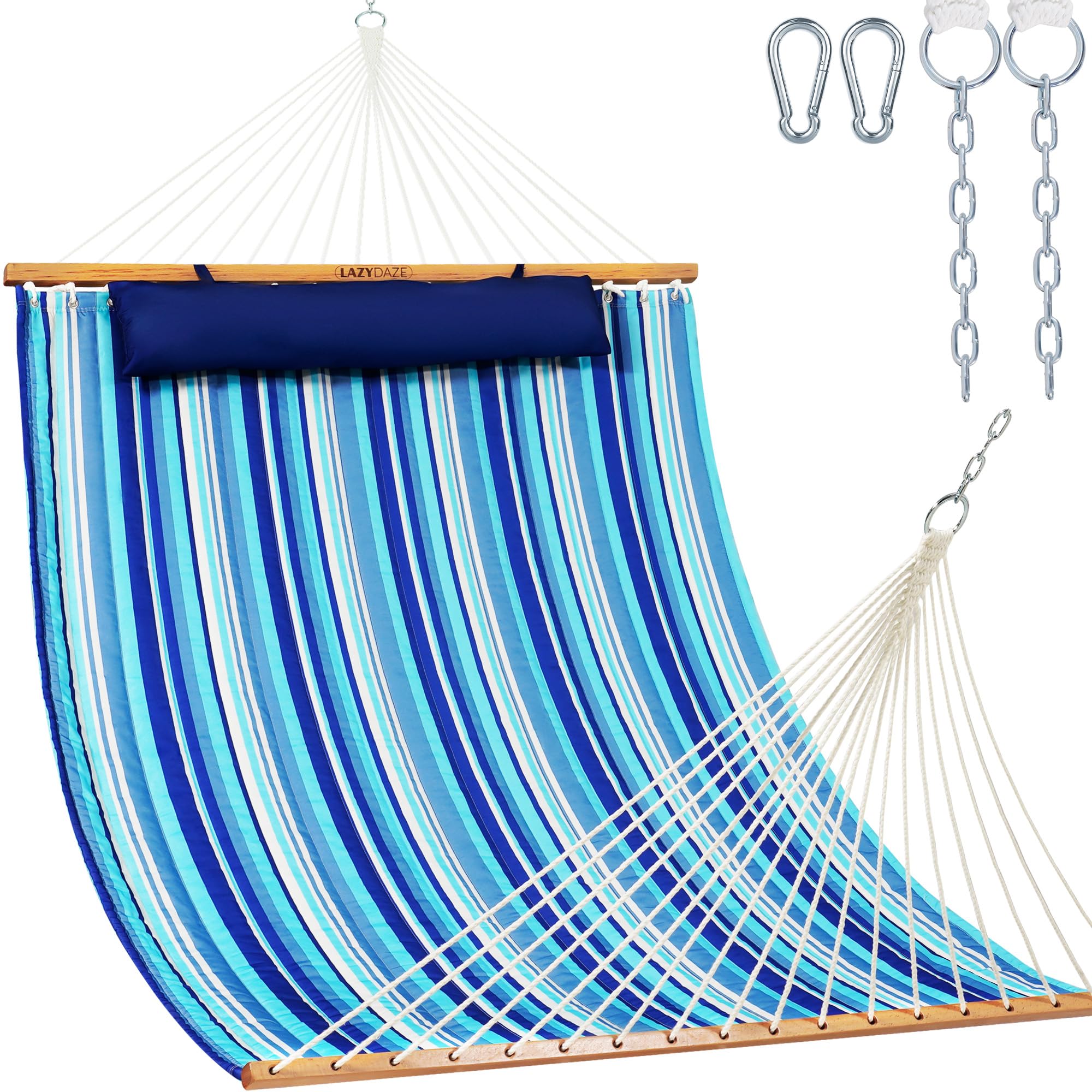 Lazy Daze Double Quilted Hammock with Carabiners &amp; Soft Pillow for Outside