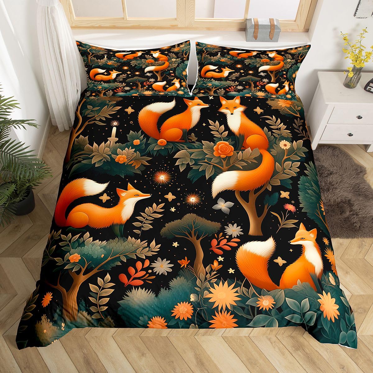 Cute Fox Duvet Cover Set King Size,Tree Jungle Flowers Bedding Set 3pcs for Bedroom Decor,Farmhouse Style Wild Animal Kids Bedding,Black Orange Quilt Cover with 2 Pillowcases,Not Comforter