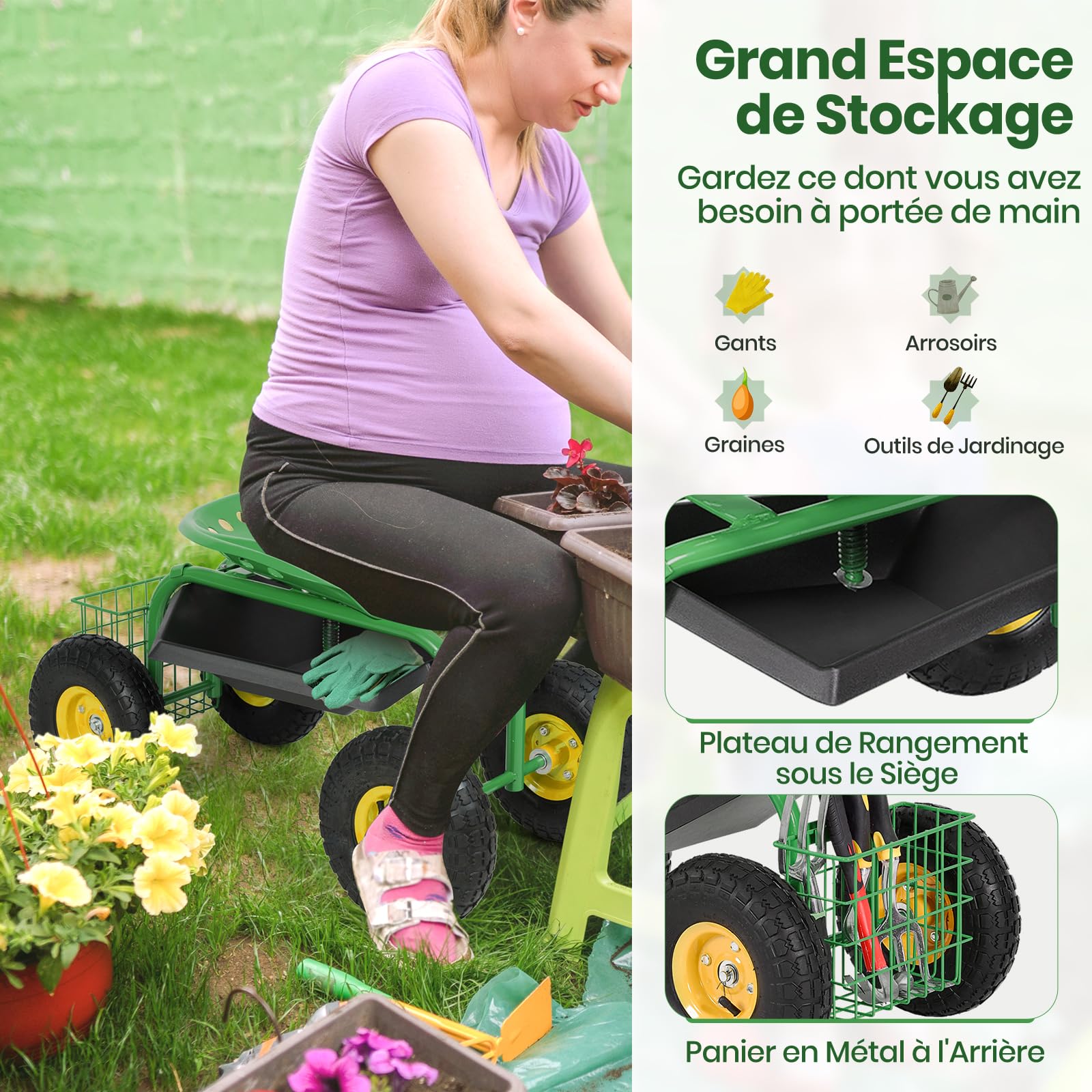 GOPLUS Asiento de Jardín Giratorio de 360°, Cesta de Almacenamiento para Herramientas, Taburete y Asiento de Trabajo Exterior, Altura Ajustable, para Jardinería y Plantación, Carga 150 kg (Verde)