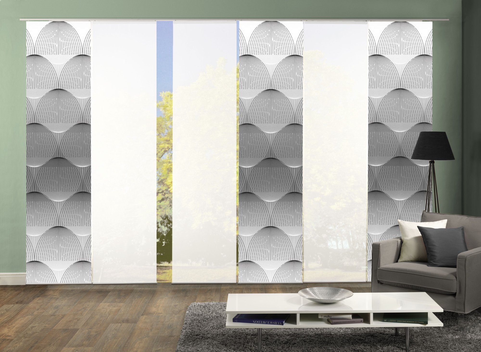 6er-Set Flächenvorhang, Deko Blickdicht, Arlena, Höhe 245 cm, 3X Dessin grau / 3X Uni weiß halbtransparent
