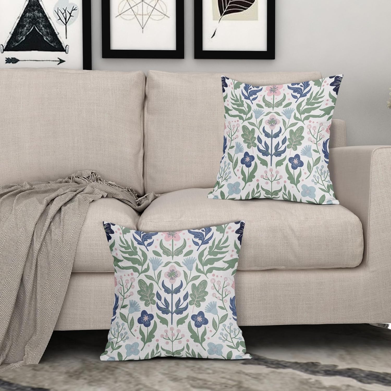 Blue Green Floral Pillow Covers 24x24 Set of 2 Navy Pink Sage Flower Flower Block Print Decorative Throw Pillowcases Outdoor Spring Summer Farmhouse Cushion Cases Decor for Home Couch Sofa Bed