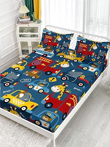Miniatura 3 de Datura Home Juego de Sábanas Infantil con Coches de Dibujos Animados 4Pcs Transporte Coche de Policía Animales Kawaii Impresos con 1 Sábana Plana y