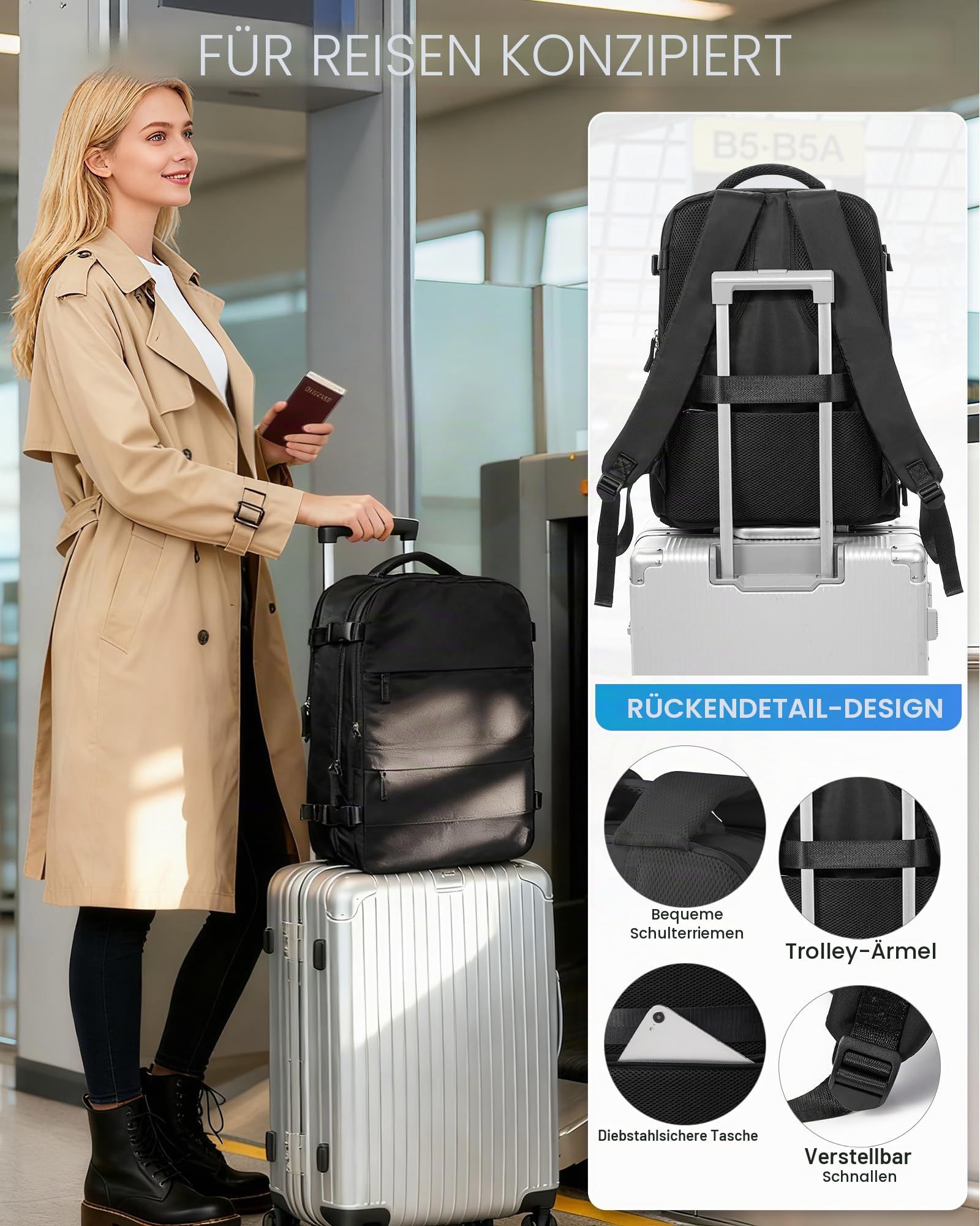 Vakuum Rucksack mit Pumpe Ryanair Handgepäck Wizzair Easyjet Großer Reiserucksack Flugzeug für Damen Herren, Wasserdichter Tagesrucksack Laptop Rucksack 14 Zoll, Schwarz