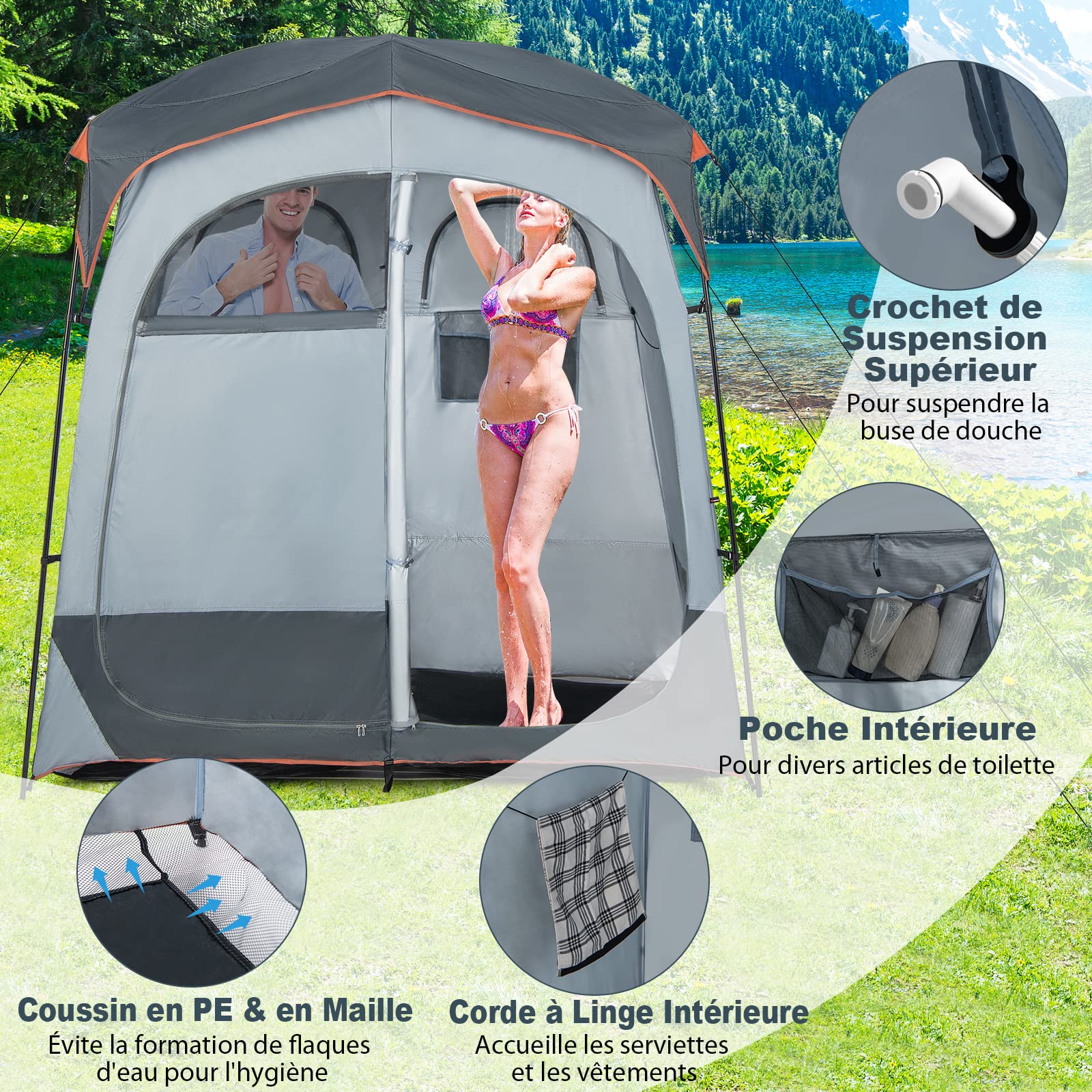 COSTWAY Tente de Douche de Camping pour 2 Personnes avec Bâche de Pluie Amovible, Tente de Vestiaire Portable en 2 Parties avec Sac de Transport Corde à Linge 210x107x210CM