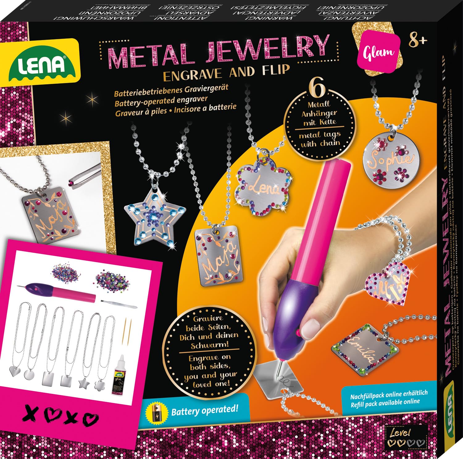 Lena 42655 Metal Jewelery Schmuck-Bastelset ab 8 Jahren - Halskette basteln ganz einfach, Kreatives Bastelset für Mädchen mit Gravurgerät, Anhänger & Deko-Strasssteinen