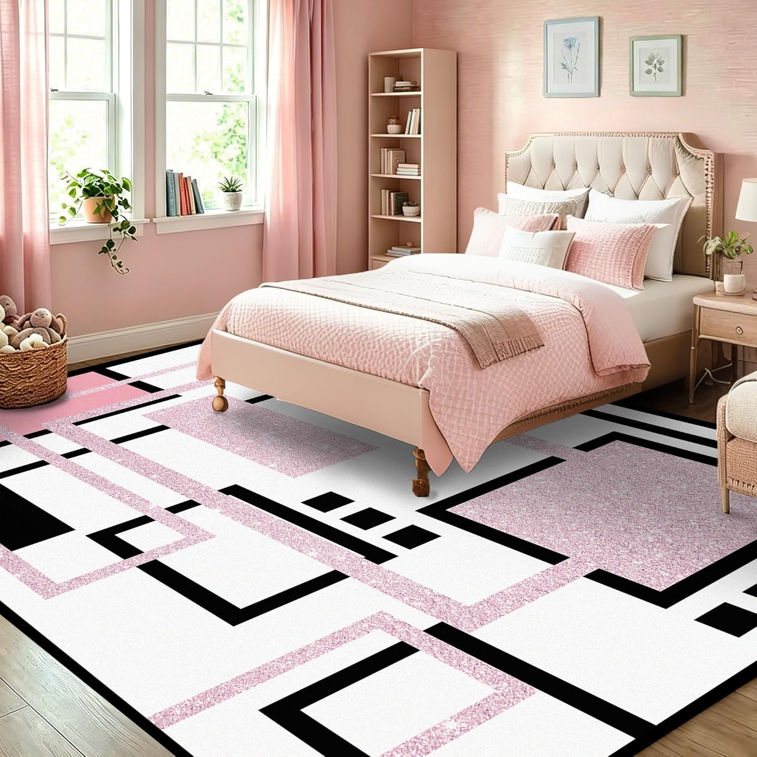 Pink Geometric Area Rug 2x3 Small Abstract Washable Rugs for Girls Living Room Bedroom Non-Slip Pink and Black Carpet for Entryway Kitchen Doormat Floor Mats Indoor Decor