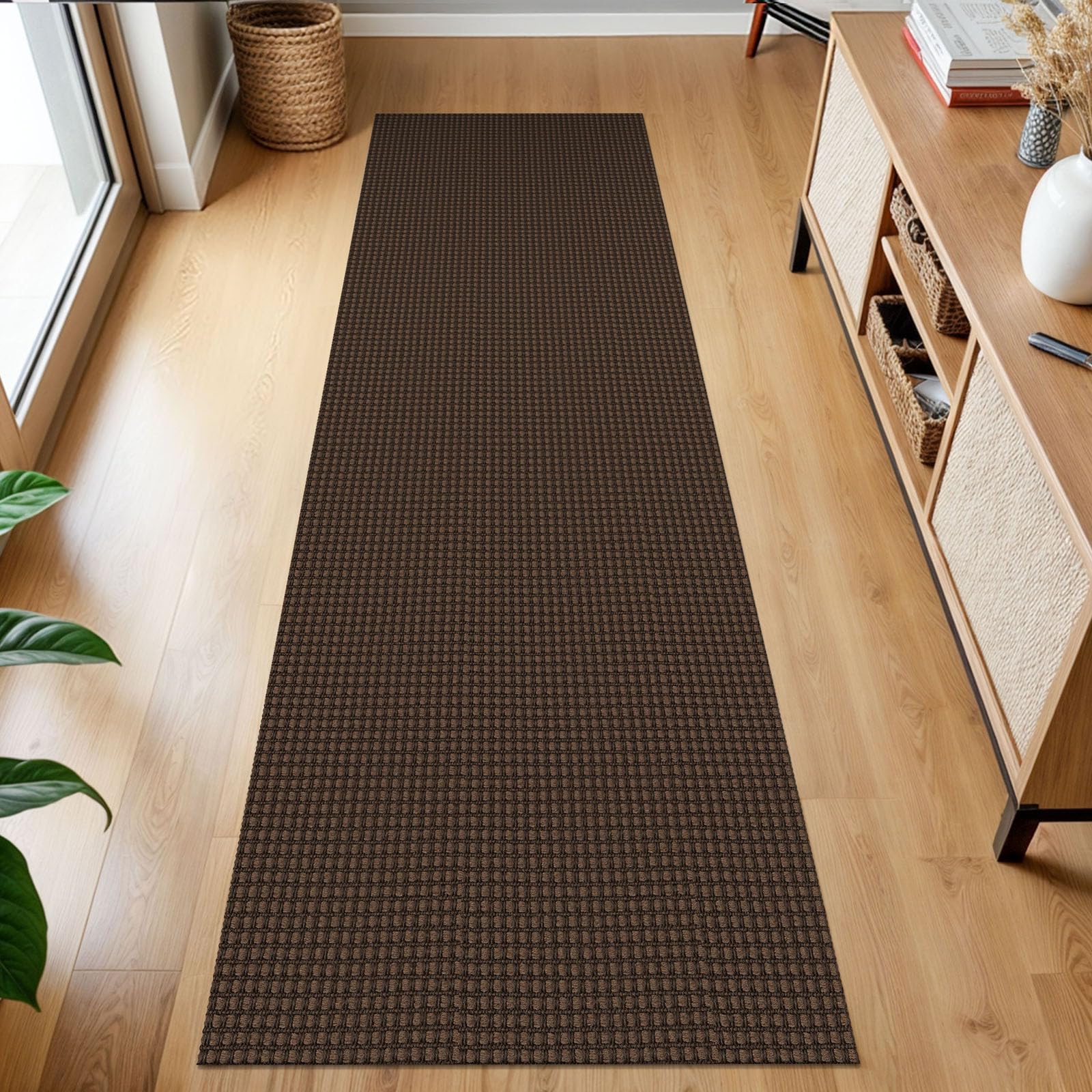 Alfombra de pasillo de cocina para puerta trasera y dormitorio lavable en lavadora marrón