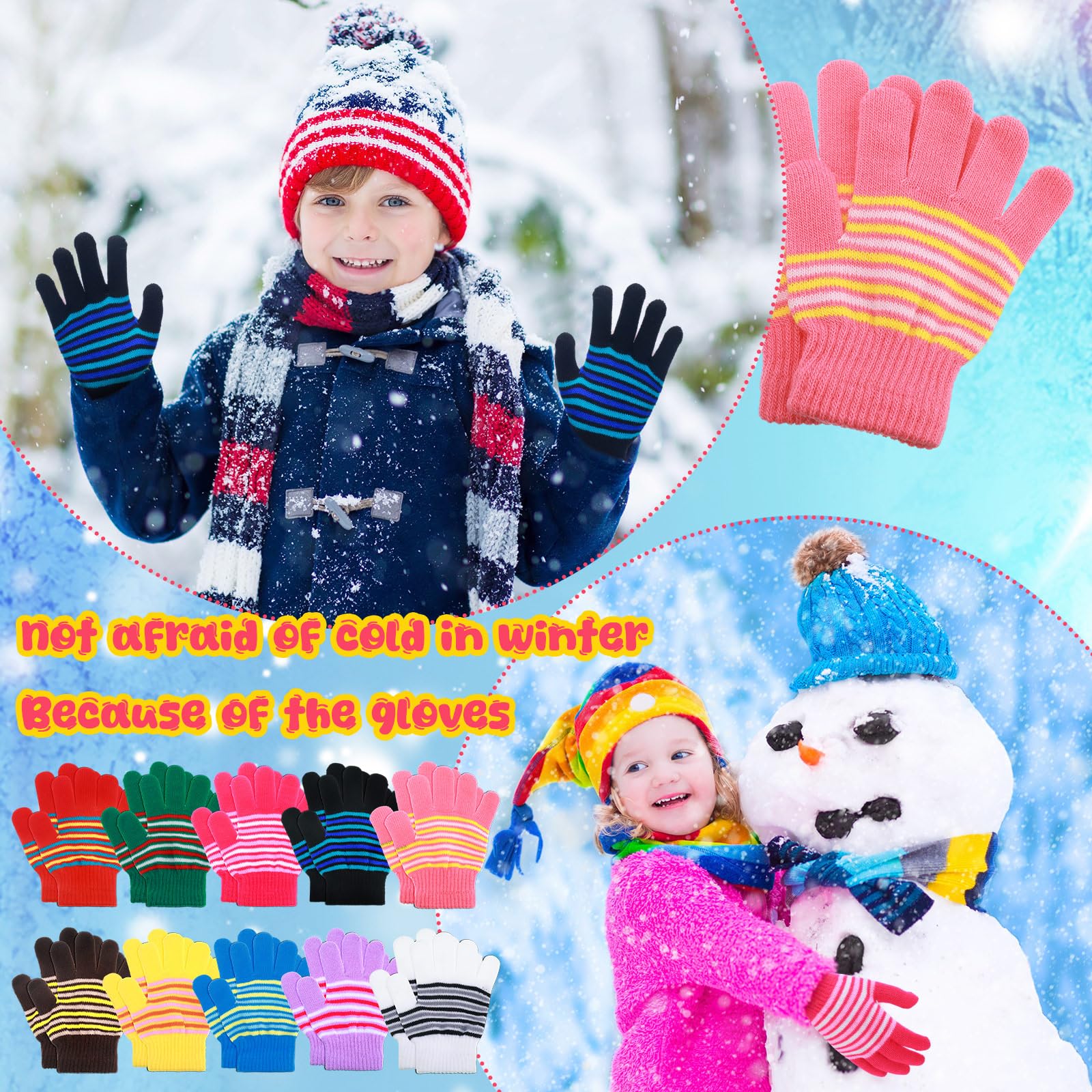 Handepo 50 pares de guantes de invierno para niños y niñas, elásticos, de punto, para niños y niñas
