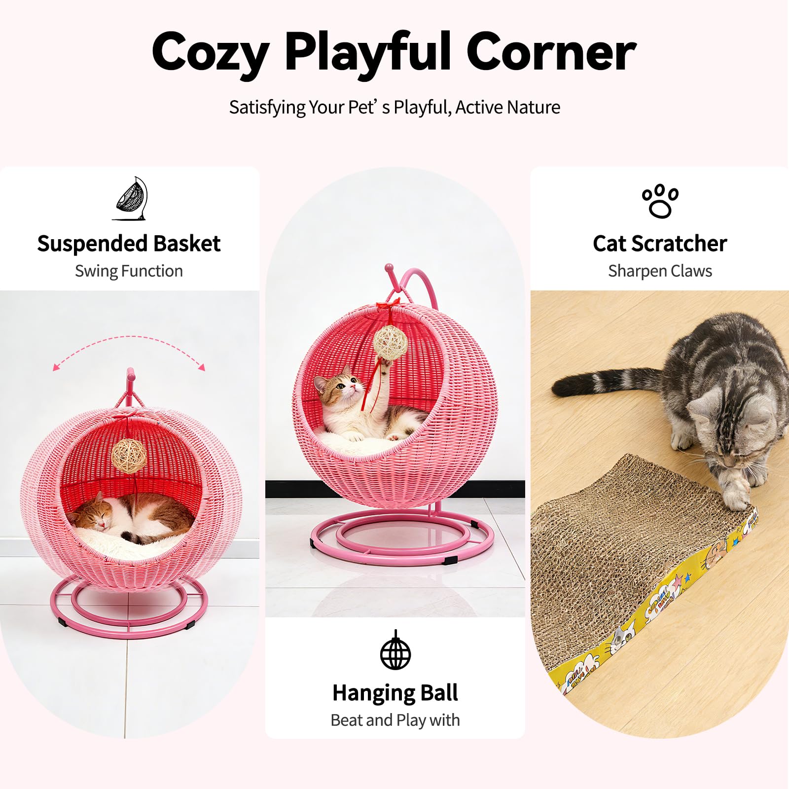 Cuccia per gatti con cuscino morbido + palla da gioco per gatti + tavola tiragraffi per gatti in rattan sintetico PP uso domestico portata 7,5 kg (rosa)