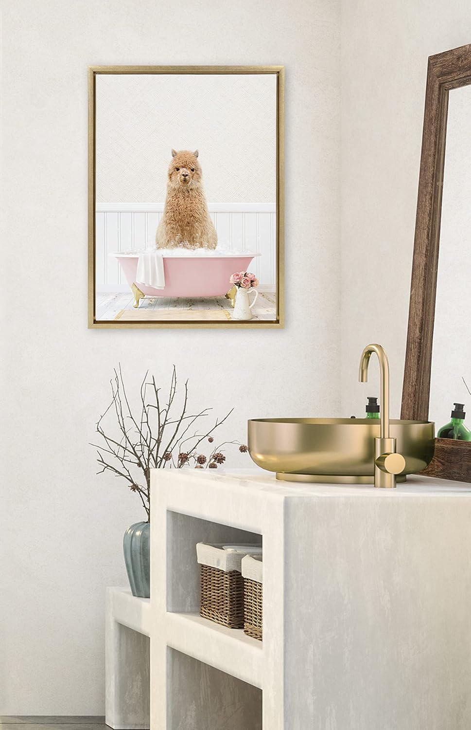 Kate and Laurel Sylvie Alpaca in Cottage Rose Bath Framed Canvas Wall Art by Amy Peterson Art Studio; 18x24 Gold; Modern Fun Decorative Bathtub Wall Art for Home Décor