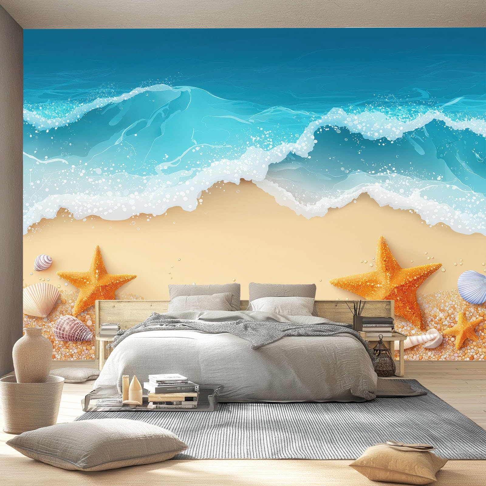 WTD Fototapete Minimalistic Modern 250 x 175 cm Papel pintado de fieltro efecto 3D playa ola estrella de mar grande foto papel pintado dormitorio salón oficina papel pintado decoración de pared