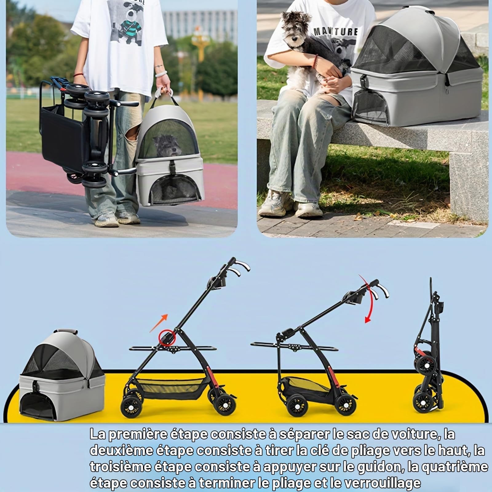 Poussette pour chien 3 en 1, pliable, avec sac de transport amovible, pour chiens et chats jusqu'à 20 kg, panier de courses et sac suspendu, fenêtre en maille avec ouverture d'alimentation, pliable