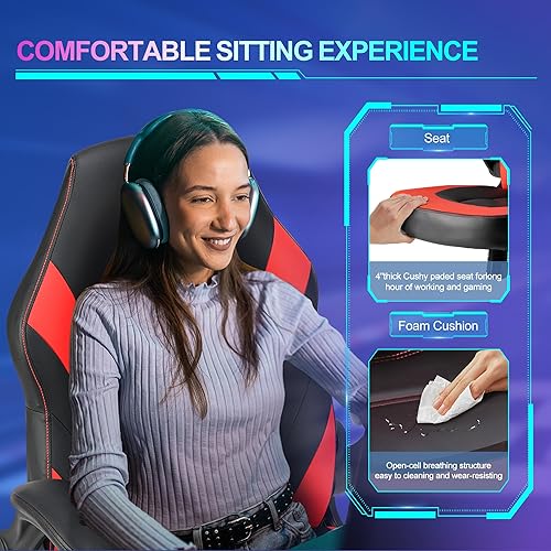 Miniatura 6 de Silla ergonómica de escritorio para juegos de computadora, piel sintética con soporte lumbar ajustable y reposacabezas, reposabrazos abatibles,