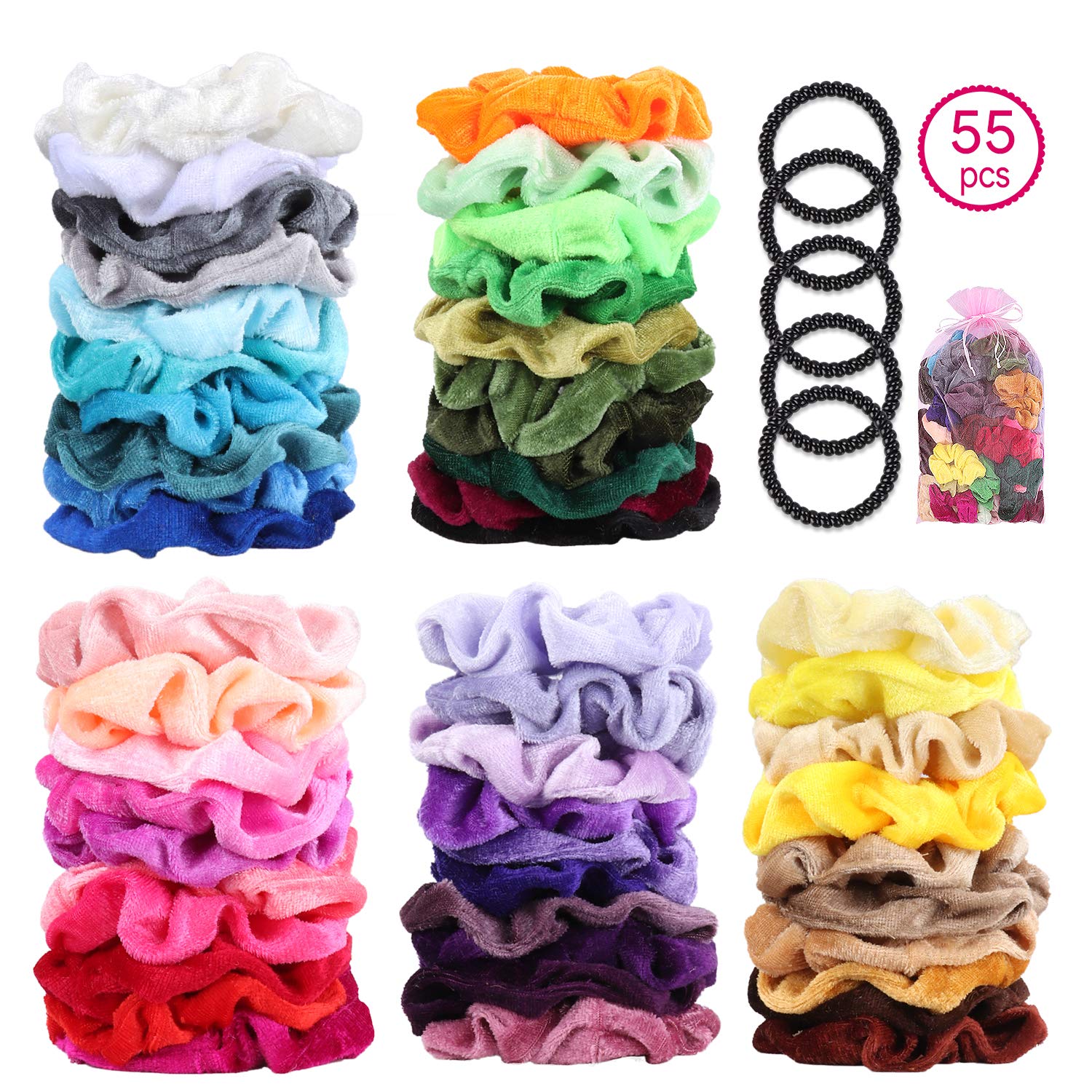 50 Colors Hair Scrunchies Velvet Elastic Scrunchy Hair Bands Ponytail Holder for Women Girls Hair Accessories + 5 Spiral Hair Ties