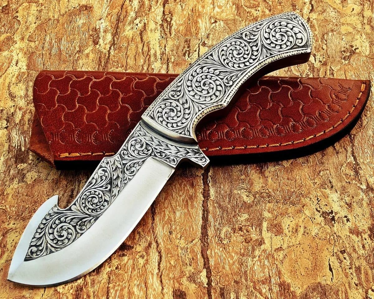 CUSTOM HANDMADE ARTWORK SURVIVAL CAMP CHISEL ENGRAVED HUNTING BOOT KNIFE, LEATHER SHEATH, BEST GIFT USA