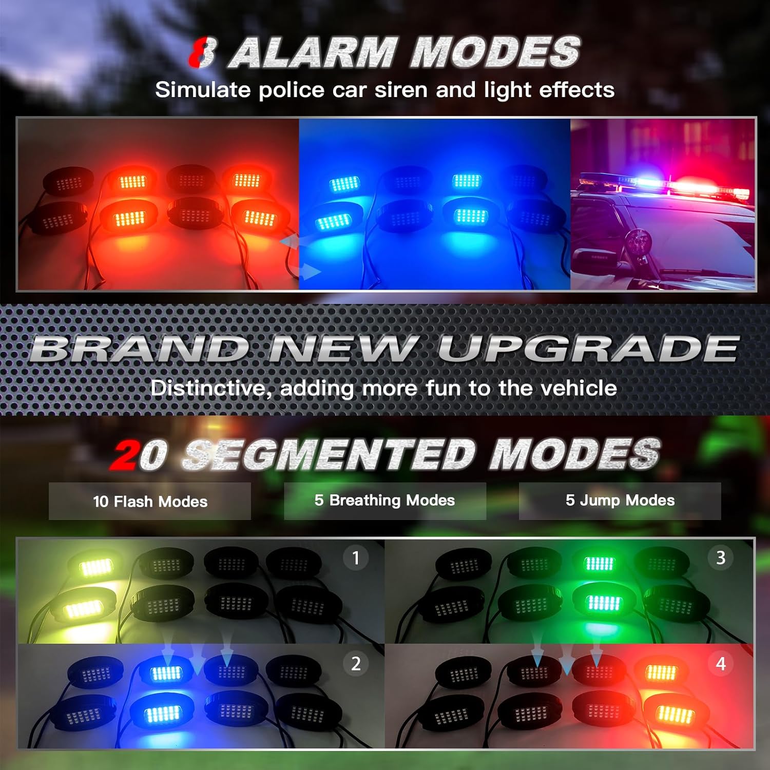 8Pods and 10Pods Segmented RGB LED Rock Lights Kit for Jeep Trucks Golf Cart ATV UTV RZR SUV Offroad Pickup Car, Multicolor Underglow Light with APP/RF Remote Control Neon Underbody 12V Waterproof