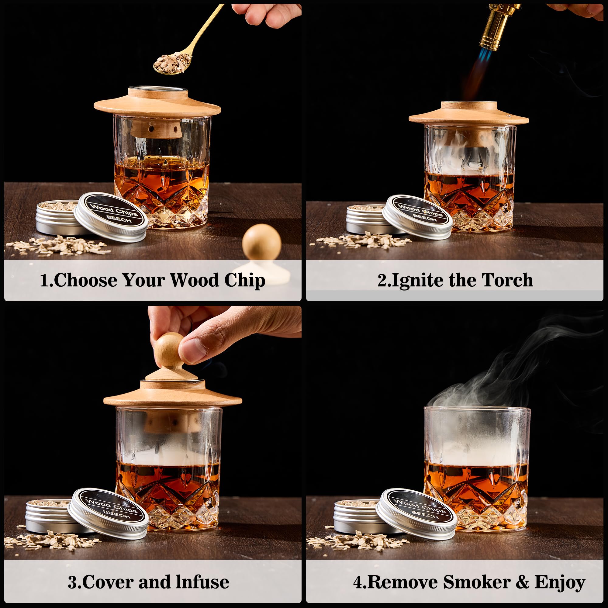 Kit Fumoir à Cocktail pour Whisky avec Torche Sans Gaz et 4 Pierres | Cadeau original pour homme avec 6 copeaux naturels pour whisky, bourbon et cocktails fumés