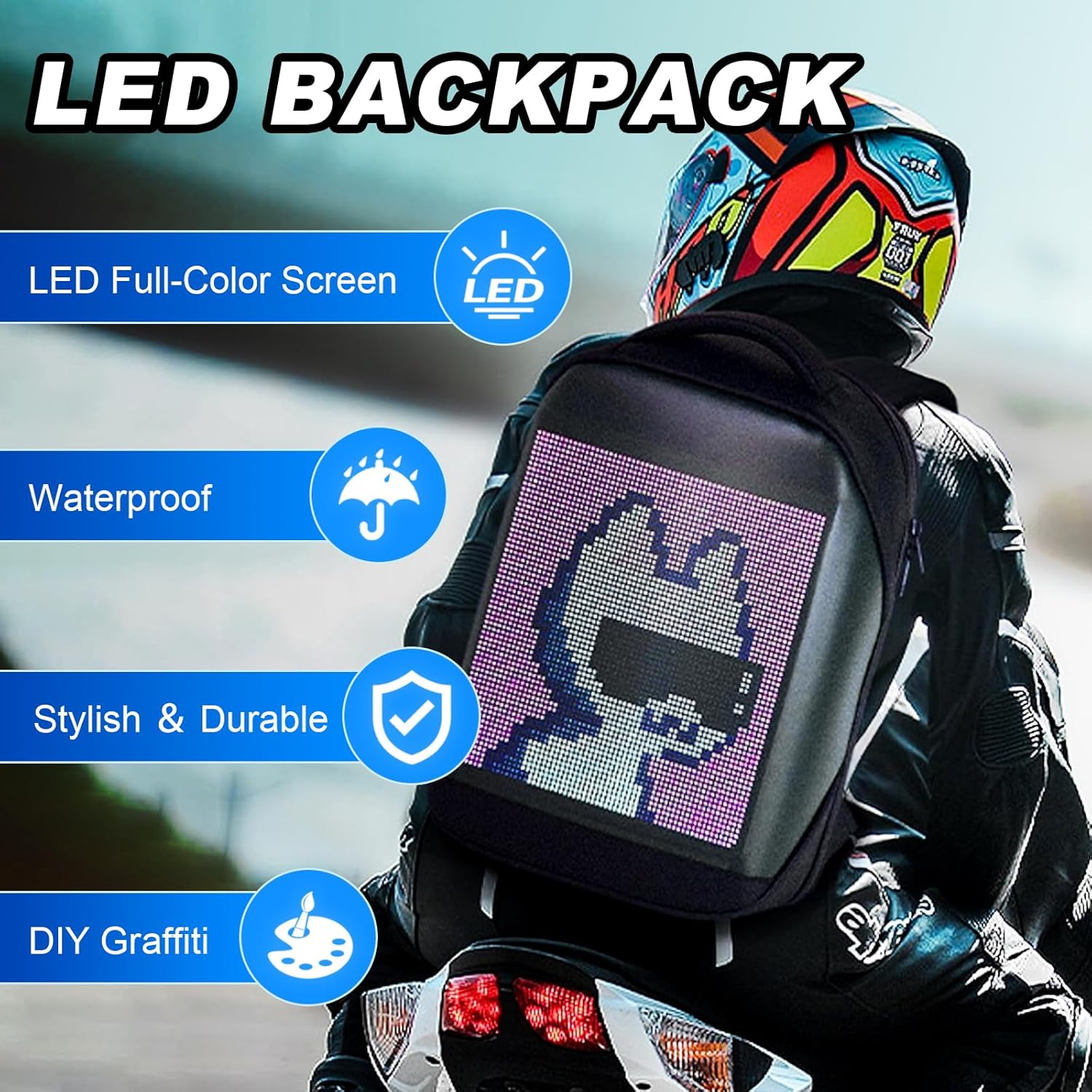 LED Backpack with Full-color Programmable Screen, App Control Laptop Backpack, Waterproof Luggage Bag for Camping Cycling Travelling, DIY Fashion Backpack