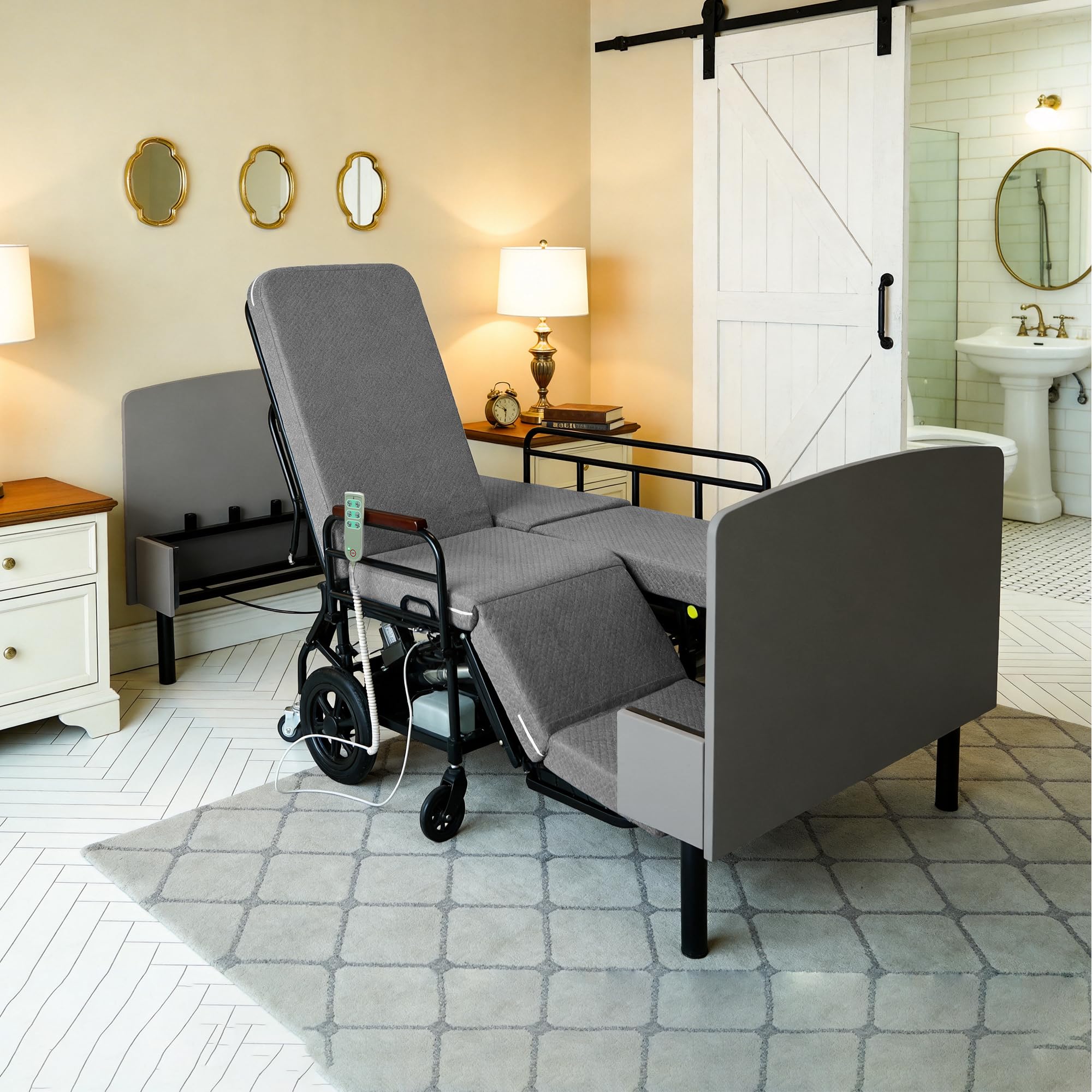 3-in-1 Electric Nursing Bed, Convertible to Wheelchair & Stretcher, Dual Motor Adjustable Bed for Seniors, One-Touch Adjustment, Wired Remote Control, Up to 650 Lbs, Twin XL