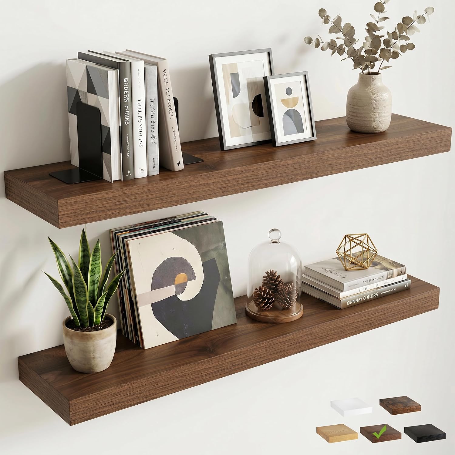 8 inch Deep Floating Shelves for Wall, 36 inch Wide Engineered Wood Wall Shelves with Invisible Brackets for Living Room Bedroom Bathroom Office Kitchen Decor and Storage, Walnut Finish, Set of 2