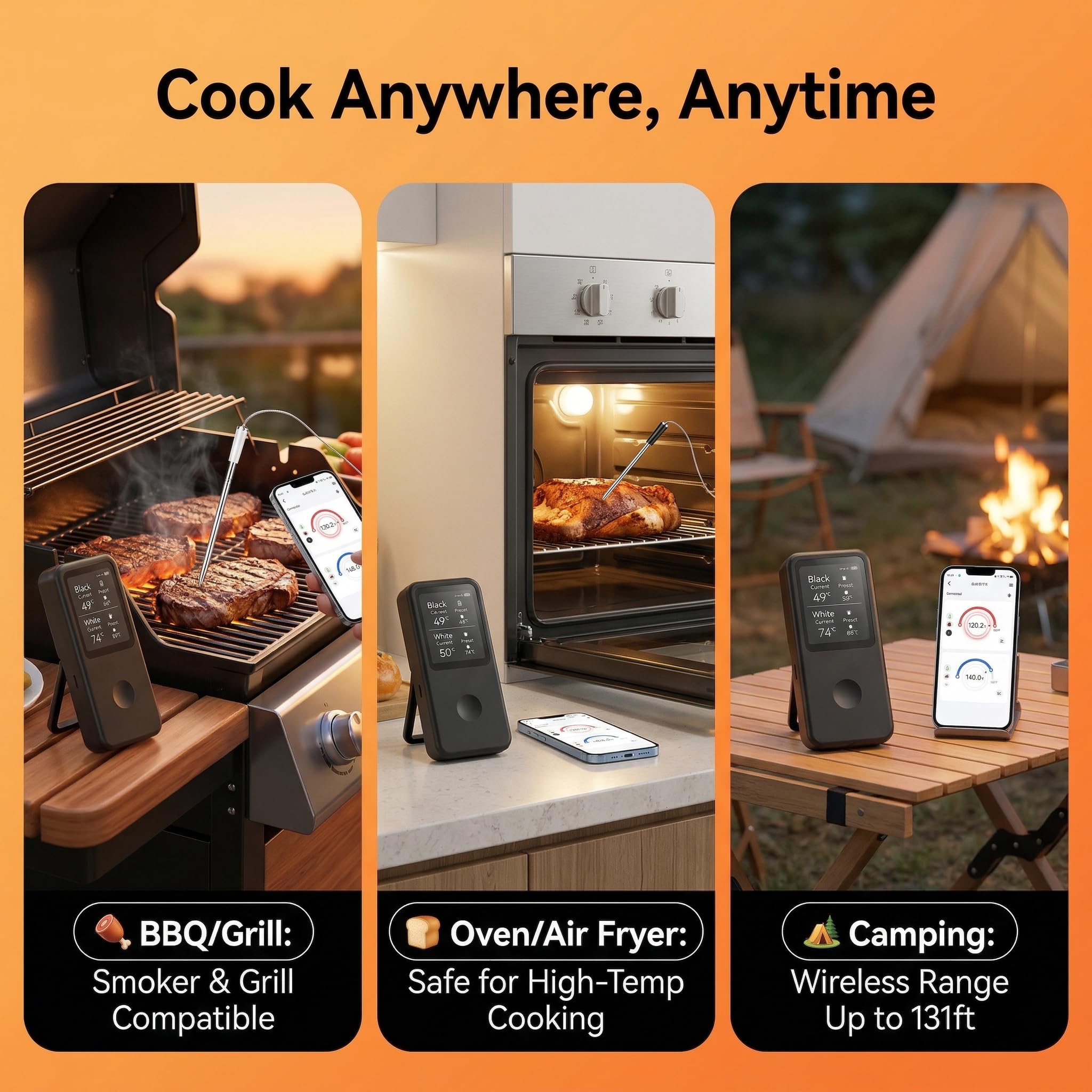 Berrcom 2.4 Inch Wireless Meat Thermometer with Dual Probes, Bluetooth Meat Thermometer with 500FT Range, 400°C Heat-Resistant Probe, Smart App with 12 Presets for Grilling BBQ Oven Smoker