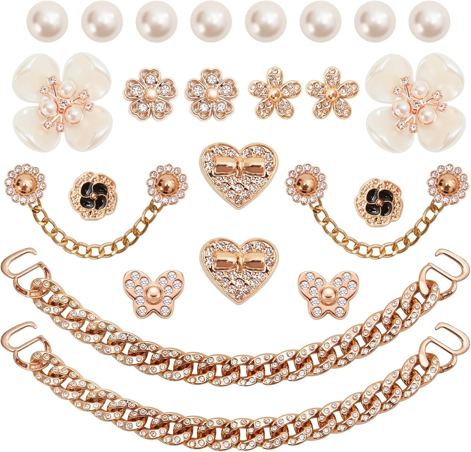 24 Pcs Bling Shoe Charms for Women Gold Chain Accessories Girly Cute Shoe Decoration Include Pearl Rhinestone Butterfly Flower for Party Favor