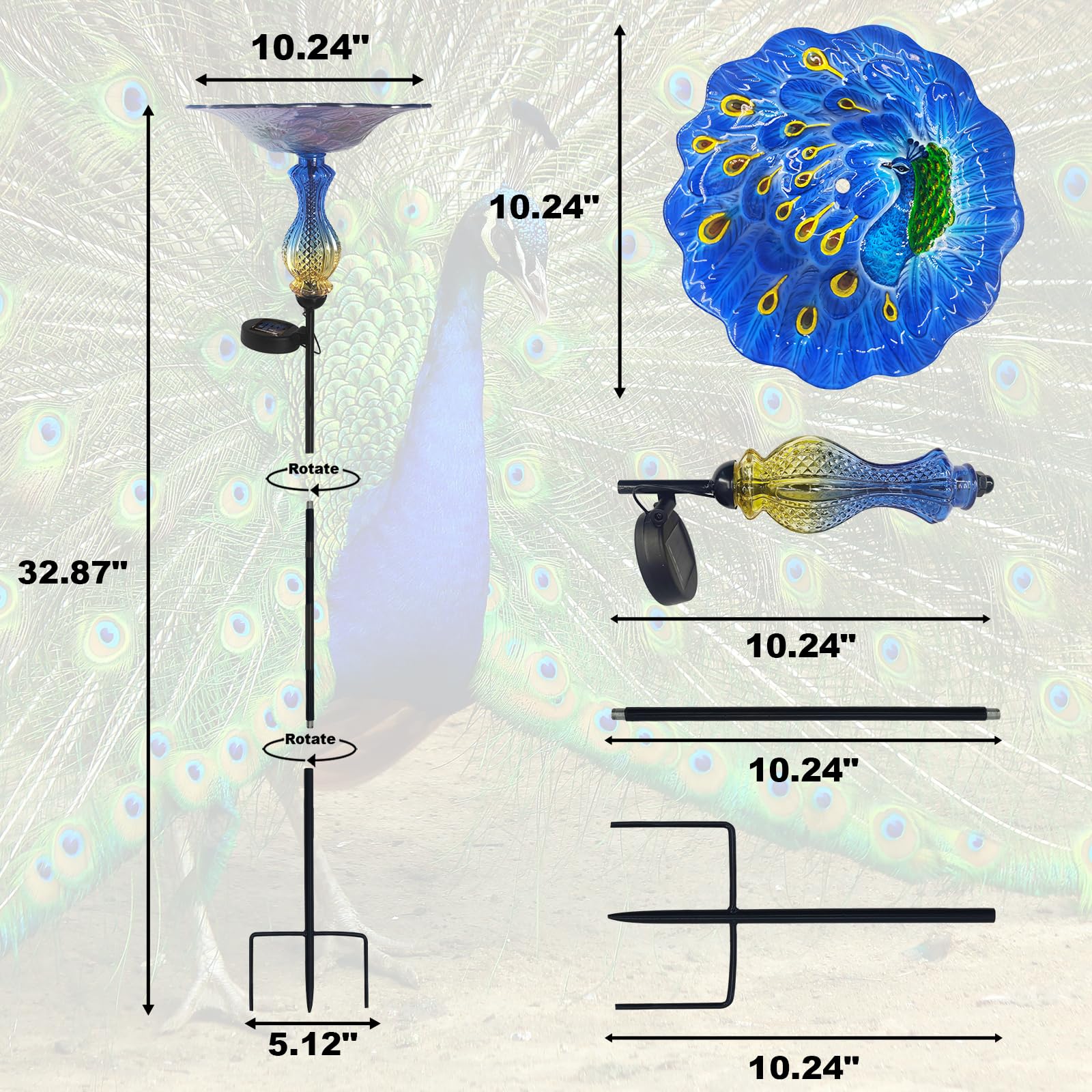 John's Studio Vogeltränke mit Pfau für den Außenbereich – Glasschale Solarlicht Vogeltränke Käfig Außenschale Vogelfutterspender mit Metallpfahl für Garten, Hof und Terrasse – Blau 81,3 cm
