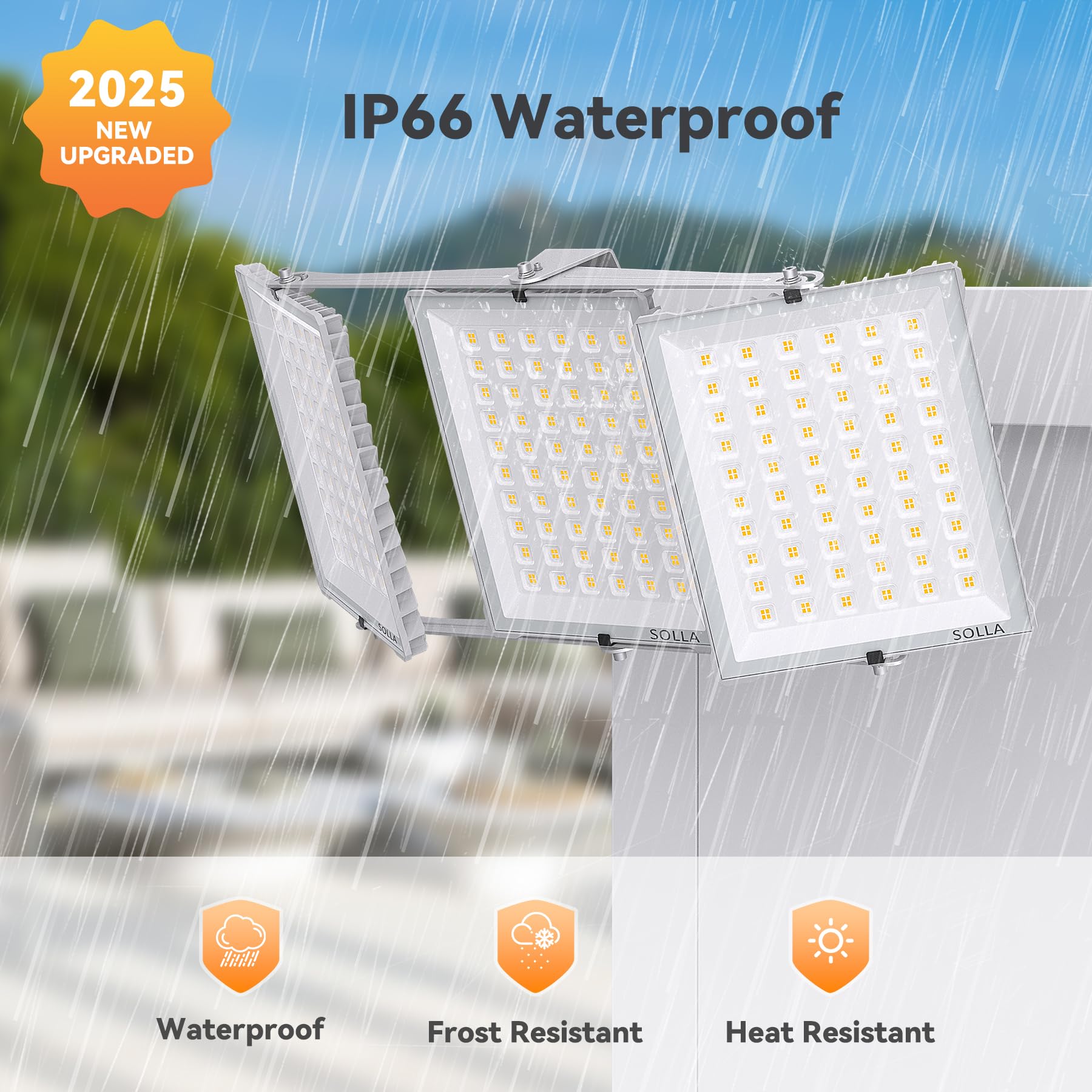 SOLLA Foco LED de 600 W para exteriores, ultrabrillante, 60000 lm, 6000 K, luz blanca IP66, resistente al agua, 3 cabezales, luces de seguridad para exteriores, para patios, color gris calle