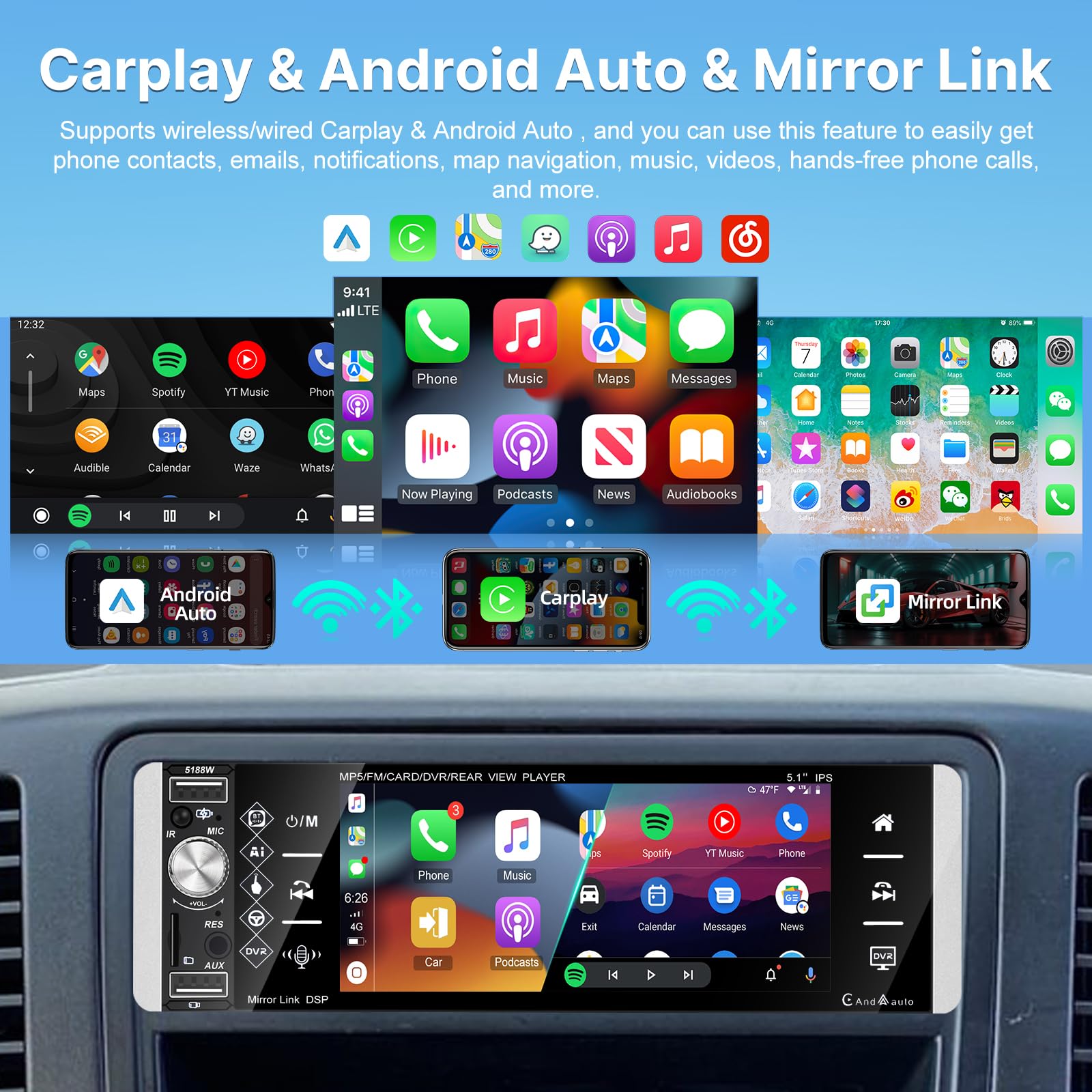 Autoradio 1 Din con Senza fili Carplay e Android Auto - Radio Bluetooth Touchscreen IPS da 5,1 Pollici con EQ, Mirror Link, Radio FM/AM/RDS, Bluetooth, Porta TF/AUX/USB, SWC + Telecamera di Backup