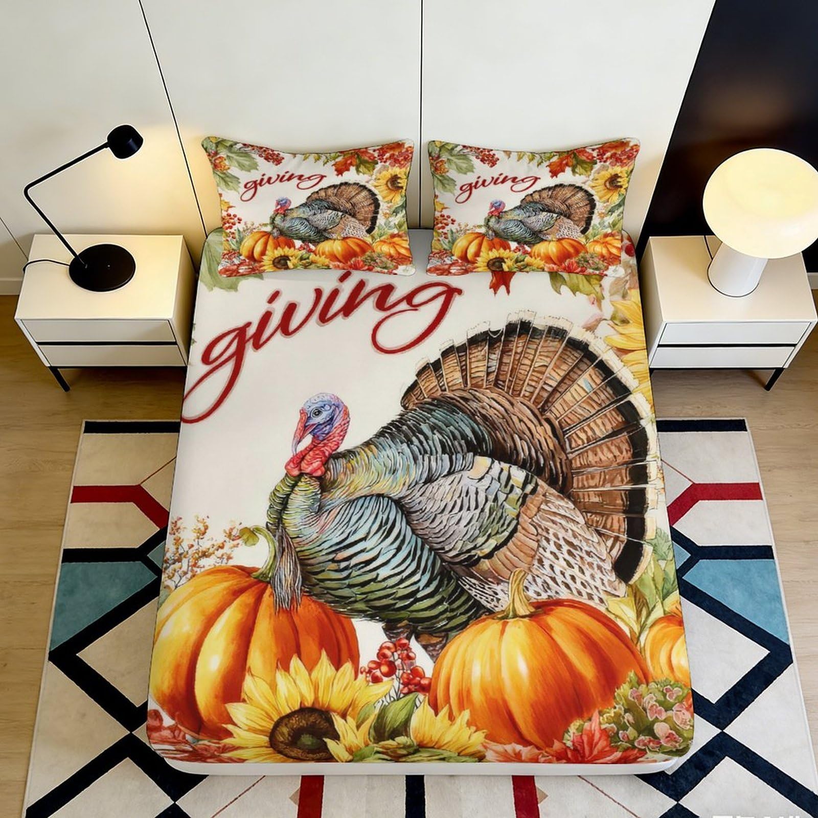 3D Printed Thanksgiving Turkey Fitted Sheet Microfiber Autumn Pumpkin Bed Cover for Bedroom Dorm Mattress Decor 90x200x25cm