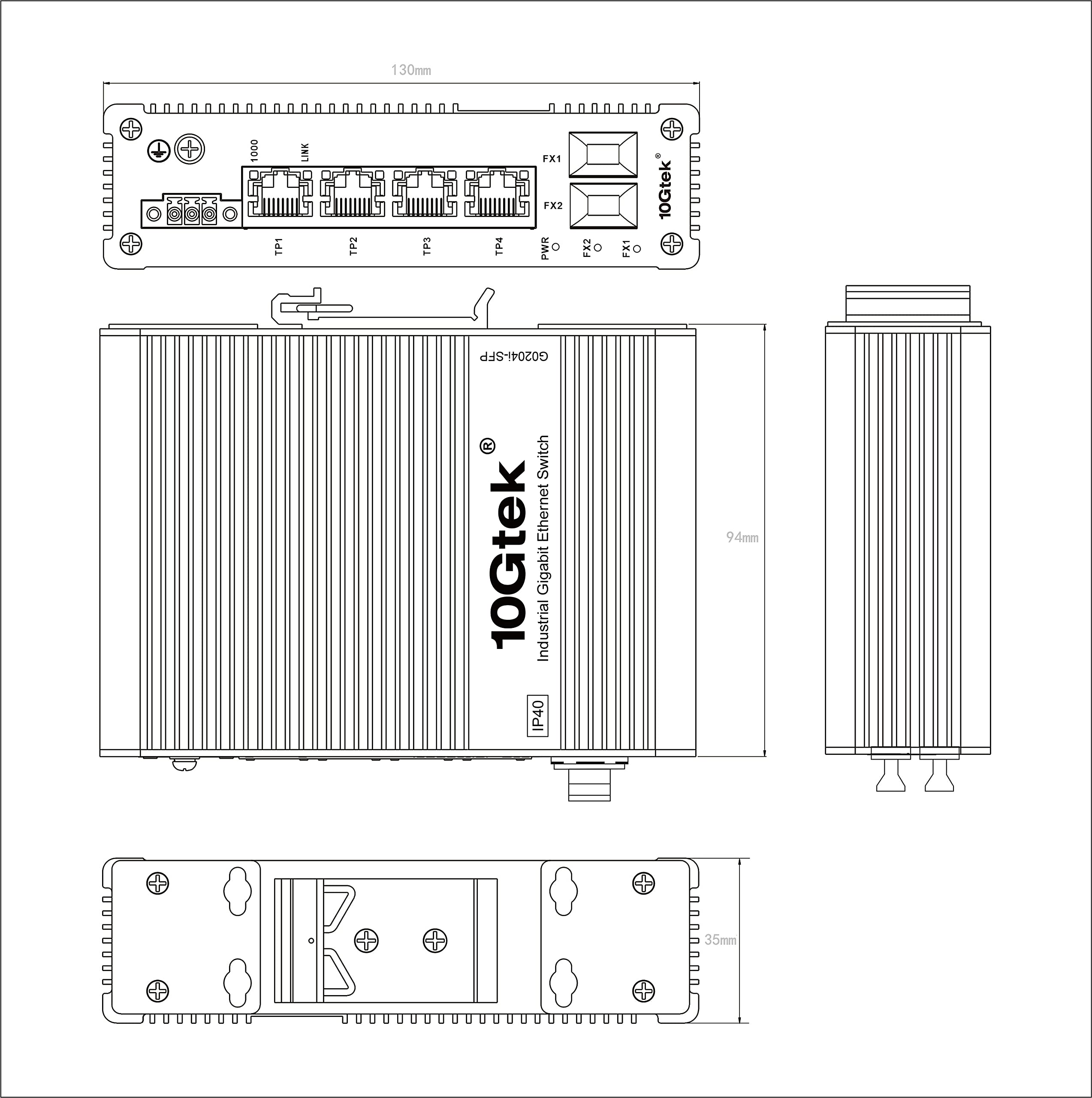10Gtek 6-Port Industrial DIN-Rail Ethernet Switch Hutschiene, IP40, 2X Gigabit SFP Slot mit 20-km SFP Transceiver, G0204i, DIN-Rail Mount（Power Supply is Not Included）