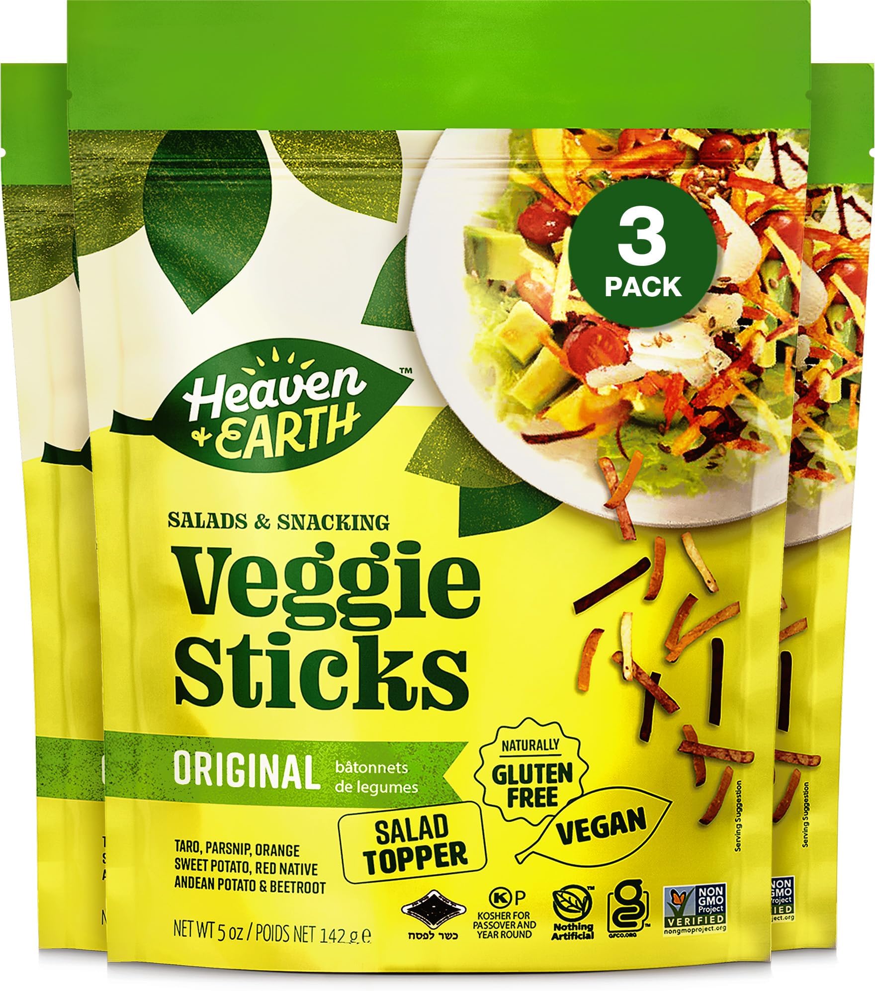 Heaven & Earth, Veggie Sticks, Snack & Salad Topper, 5oz (3 Pack) Resealable Pouch, Gluten Free, Non GMO Verified, Certified Kosher (including Passover)