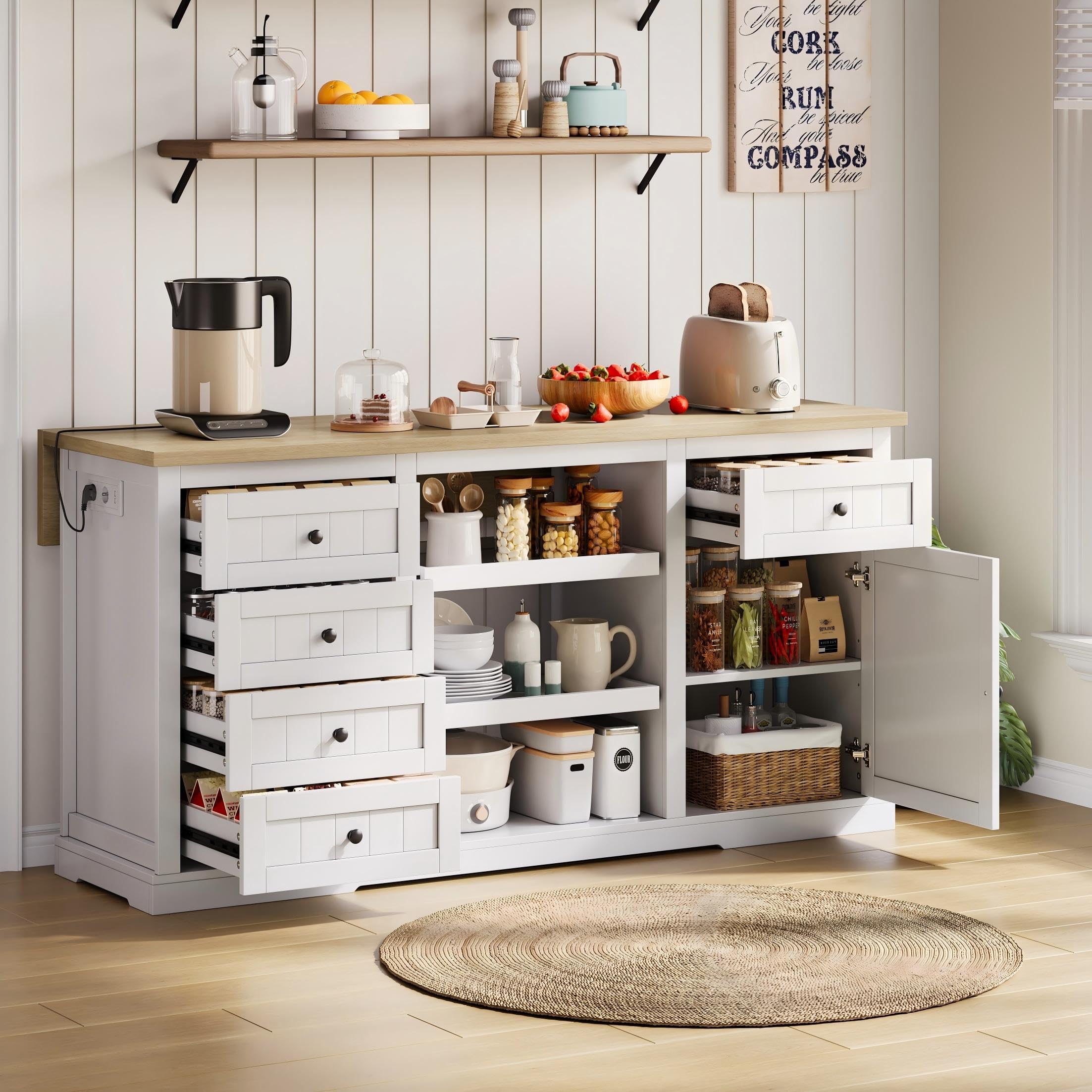 Îlot de Cuisine Mobile avec Tablette Escamotable, 5 Tiroirs et Prises Intégrées, Ilot Central Cuisine Meuble de Rangement Multifonction Blanc, 150x65x75 cm