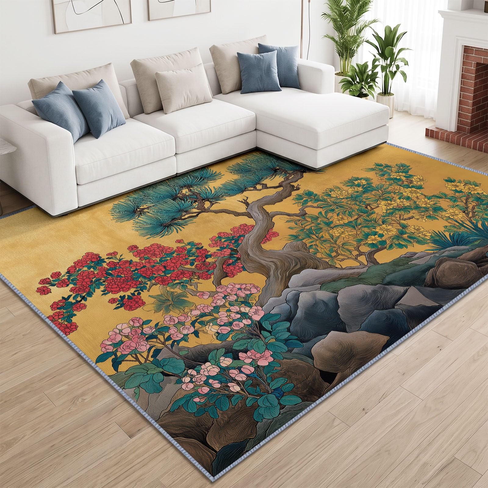 Tappeto a pelo corto, lavabile, antiscivolo, 140 x 200 cm, per soggiorno, camera da letto, aghi di pino, fiori, facile da pulire, morbido, durevole, rettangolare, orientale, classico, cucina e