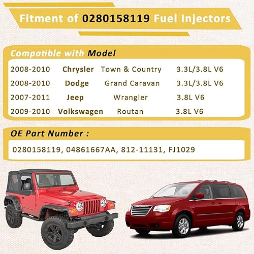 Miniatura 2 de 0280158119 Inyectores de combustible de rendimiento, compatible conJeep 3.8L Wrangler 2007-2011, compatible conChrysler Town & Country 2008-2010,