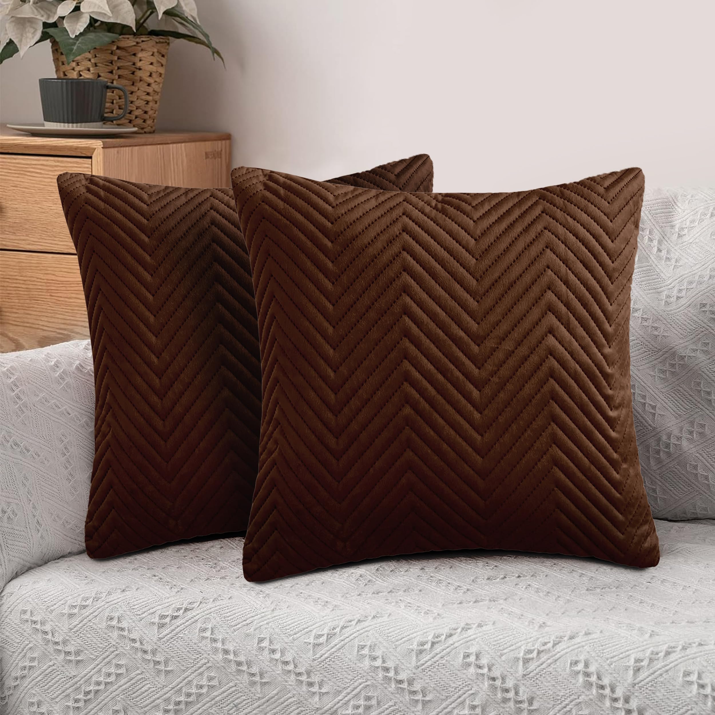 Hafaa Cushions with Covers Included 45 x 45 Cm Set of 4 (2 Coffee Cushion Covers, 2 Cushion Inserts) - Ultrasonic Velvet Square Throw Pillow Case Sofa Cushion with Invisible Zipper — image 1