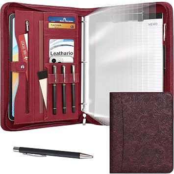 Leathario Portfolio Binder, Padfolio Organizer, 3 Ring Binder with Zipper | Includes Pen and 10 Sheet Protectors, Fits 13 in Tablet, Vegan Leather, for Business Resume Office Professional Men and Women