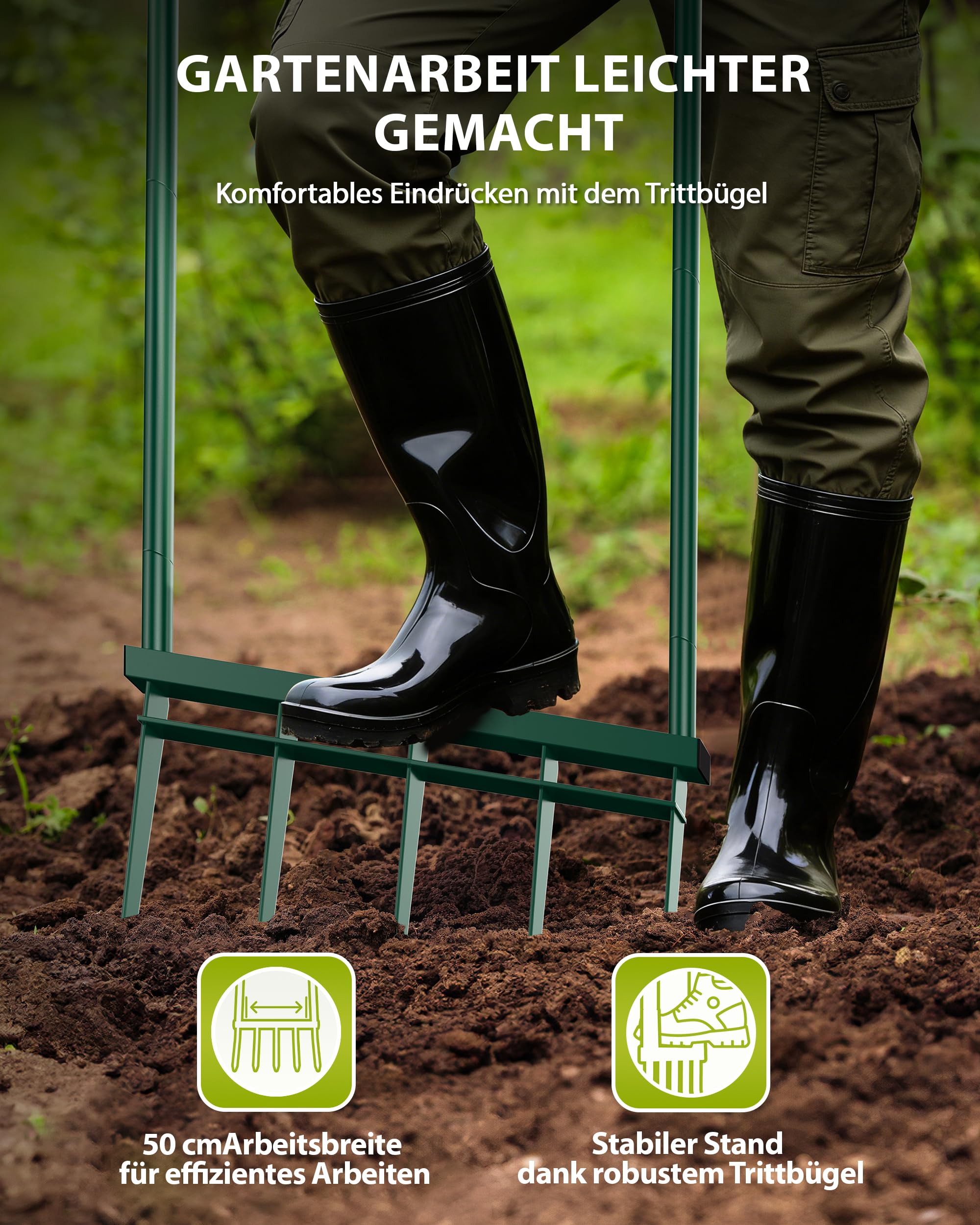 Grabegabel 5 Zinken, 30 cm Zinkenlänge, 51 cm Arbeitsbreite, Zerlegbar, Ergonomisch, Rückenschonend, Tiefe Bodenlockerung