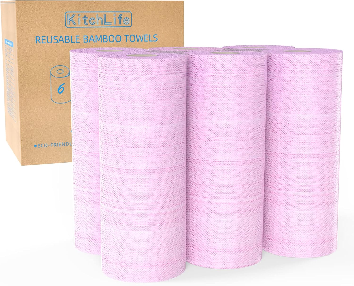 KitchLife Reusable Bamboo Paper Towels - 6 Rolls = 24 Months Supply, Washable and Recycled Kitchen Roll, Zero Waste Products, Sustainable Gifts, Environmentally Friendly, Pink