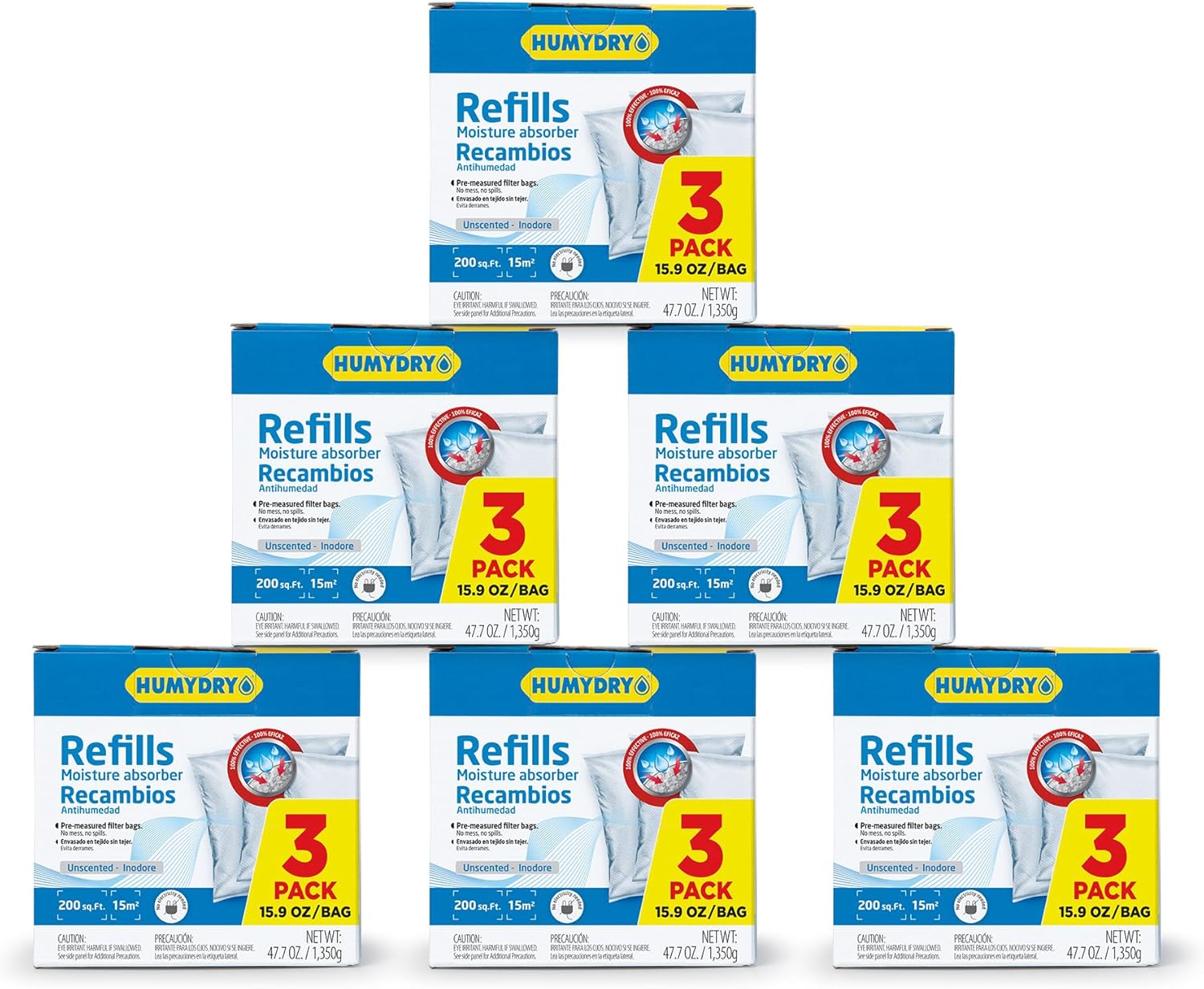 HUMYDRY Unscented Moisture Absorber Refill 15.9-Ounce 3 pk, 6 boxes (18 refills in total)