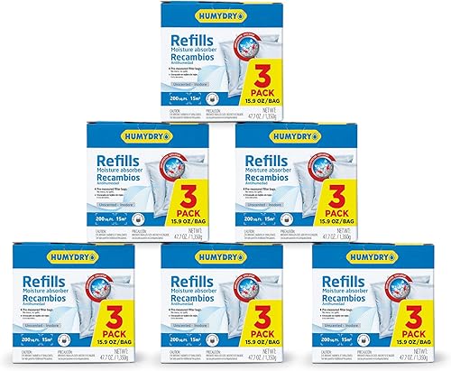HUMYDRY Recambios de absorción de humedad para deshumidificador de 15.9 onzas, 18 unidades, 6 paquetes de 3 bolsas de absorción de humedad sin