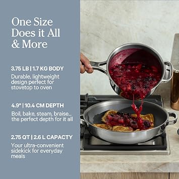 Our Place Mini Titanium Perfect Pot Pro, 2.75 Qt Nonstick Titanium Cookware | Fully clad tri-ply steel & aluminum sauce pan; lid & silicone spoon included; induction & oven safe to 1000F (750F Gold)