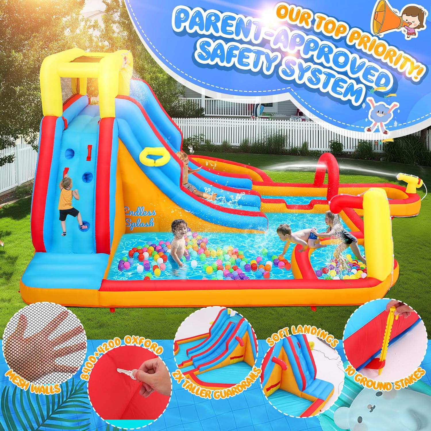 Whubefy Inflatable Double Lane Water Slide Obstacle Course for Kids Backyard 18'x14' Large Blow Up Water Park, 15ft Long Waterslide with Arch, Double Splash Pool with Sprinkler, 5 Water Battle Toys