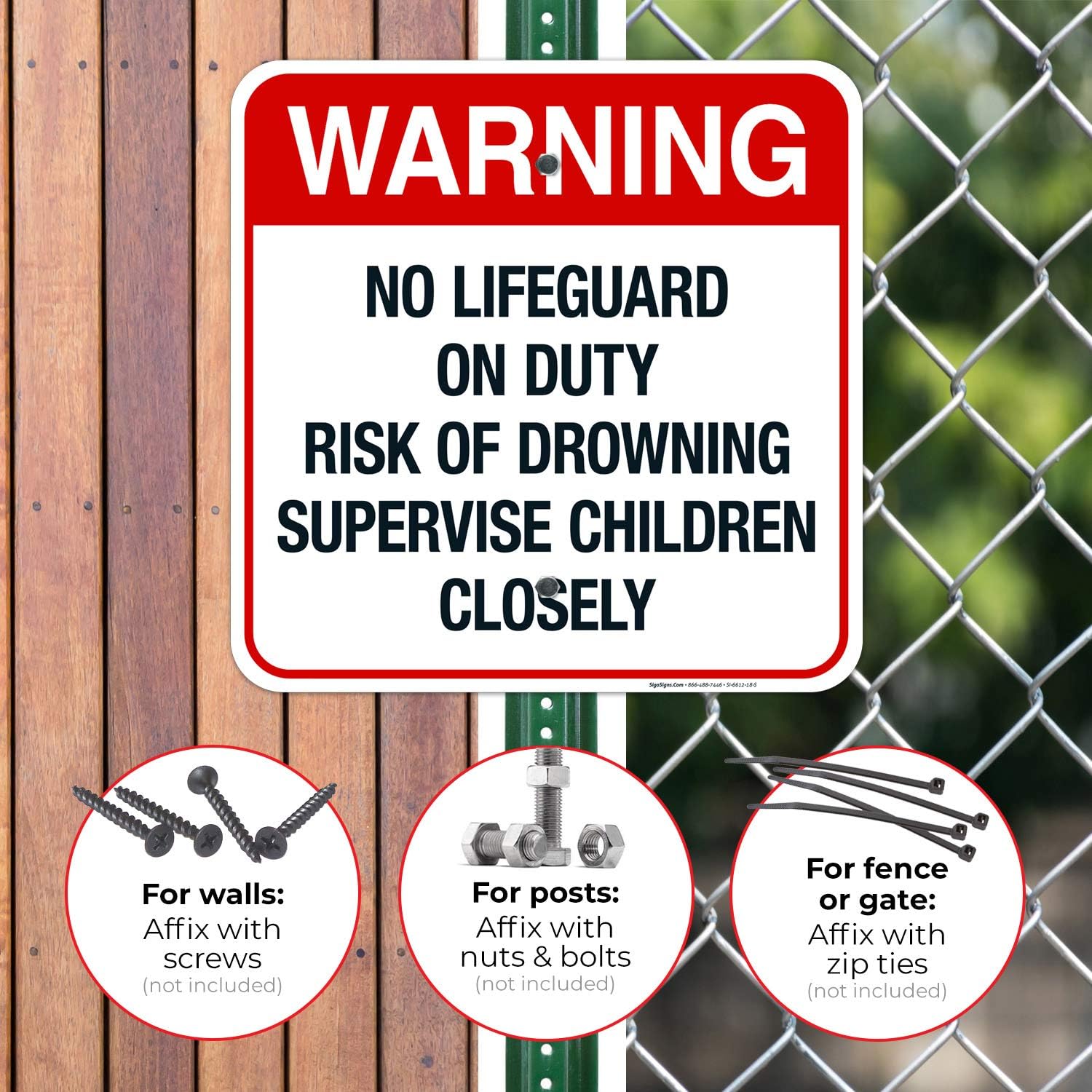 No Lifeguard On Duty Risk of Drowning Supervise Children Closely Sign, Pool Sign, 18x18 Inches, Rust Free .063 Aluminum, Fade Resistant, Indoor/Outdoor Use