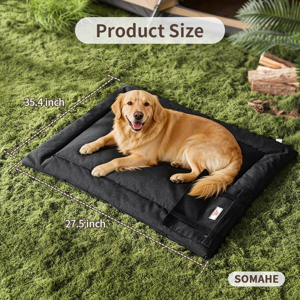 SOMAHE Outdoor Dog Bed Waterproof for Medium Large Dogs, Foldable Portable Dog Bed, Reversible Oxford Mat, Built-in Storage Pocket, Machine Washable, 35.4"×27.5" Inch Black/Dark Gray