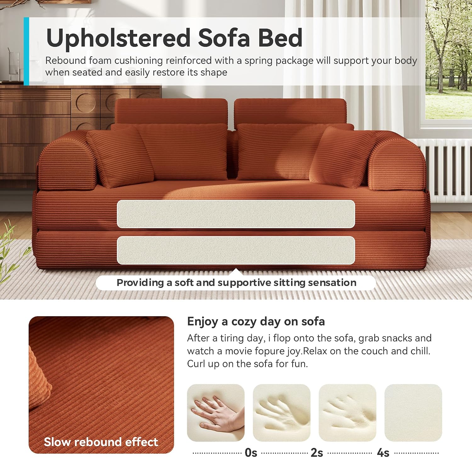 High Backrest Orange Sofa Bed Fixed Frame Removable Armrests Corduroy Convertible No Assembly