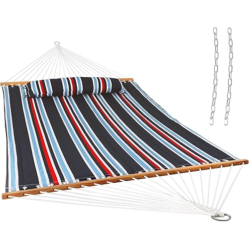 Sunnydaze Quilted Outdoor Hammock with Spreader Bars - Heavy-Duty 450-Pound Capacity Double Hammock for Outside - Nautical Stripe