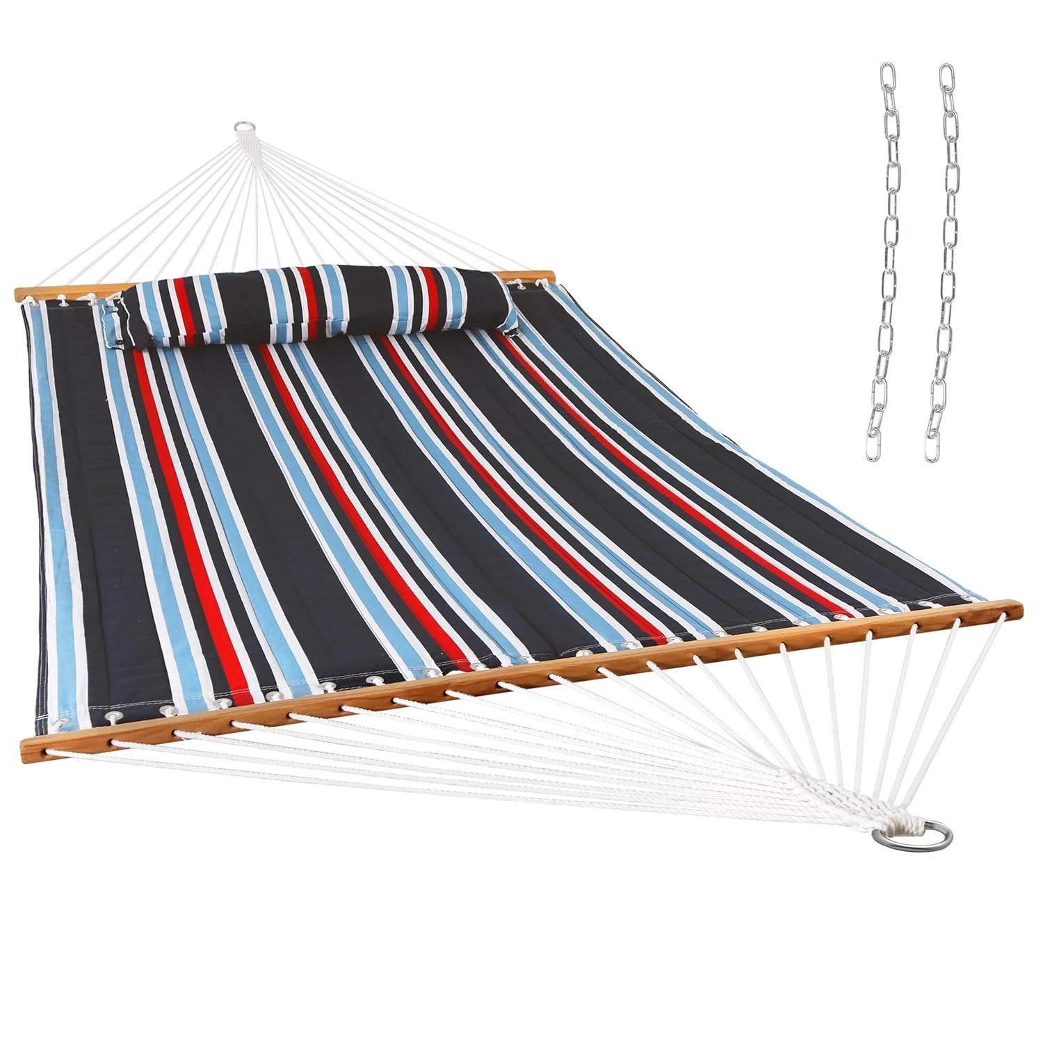 Sunnydaze Quilted Outdoor Hammock with Spreader Bars - Heavy-Duty 450-Pound Capacity Double Hammock for Outside - Nautical Stripe