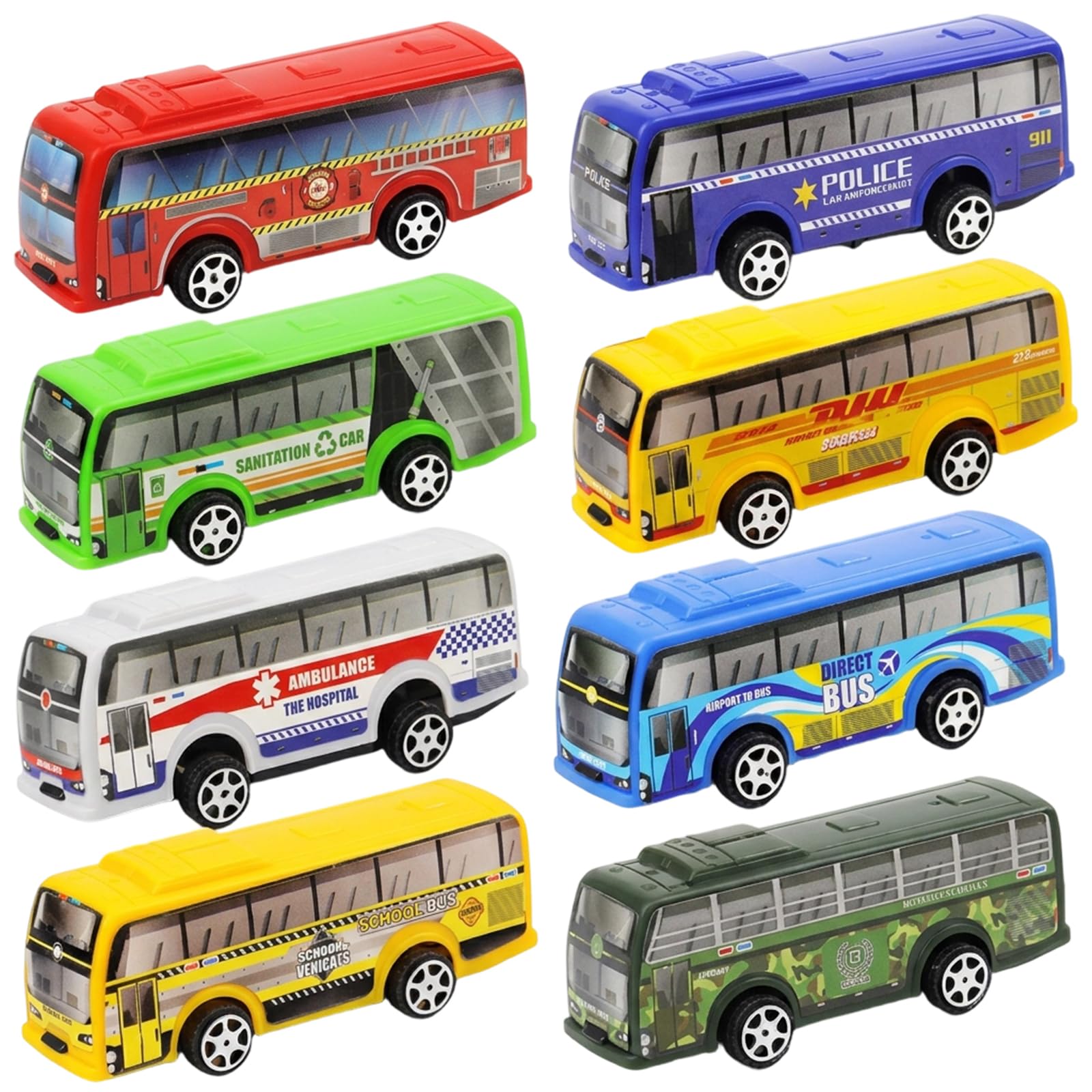 Bodeshis 8-Piece Toy Bus Collection, Bus Toy Set for Imaginative Play, School Bus Toy Models with Detailed Design, Durable Construction for Long-Lasting Enjoyment
